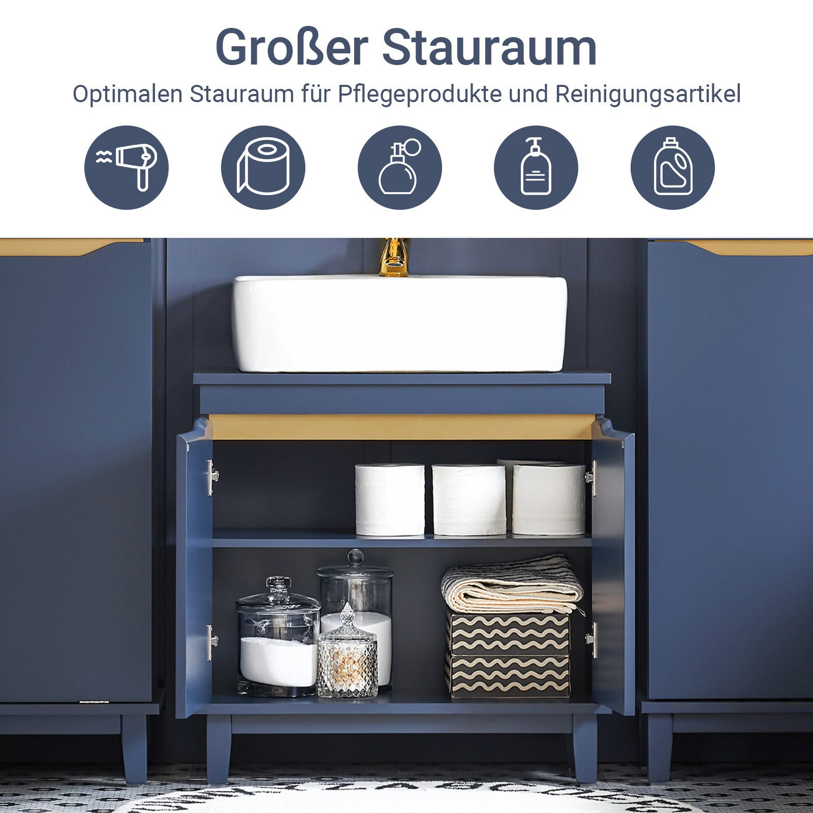 SoBuy Waschbeckenunterschrank BZR113, Badschrank Badezimmerschrank Waschtisch Unterschrank Badmöbel Waschtischunterschrank mit 2 Türen, verstellbare Ablage, 2 F – Bild 3 von 5