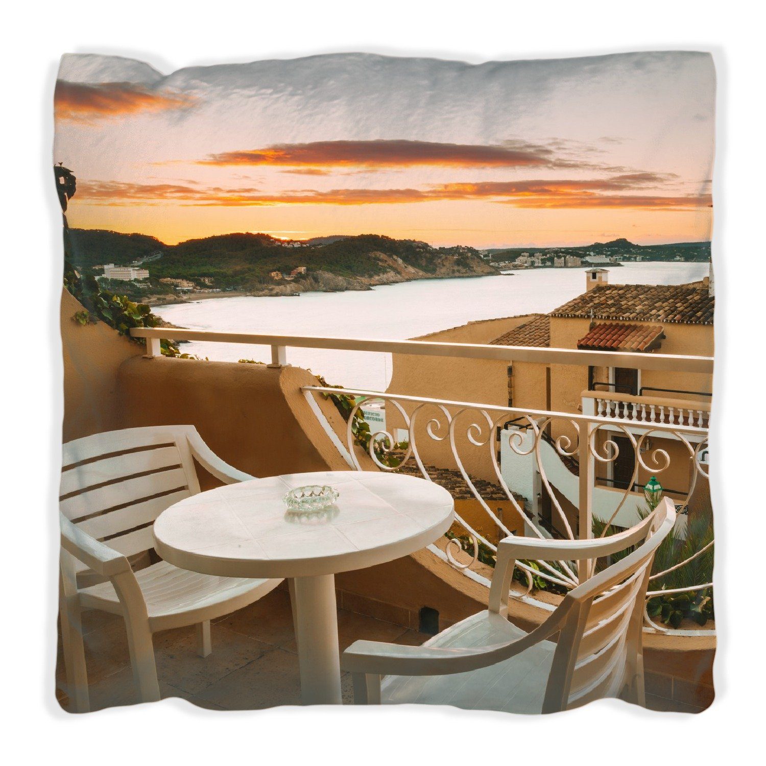 in schönen Dekokissen einer Sommer auf Terrasse von das - handgenäht Wallario Ausblick Spanien Meer,
