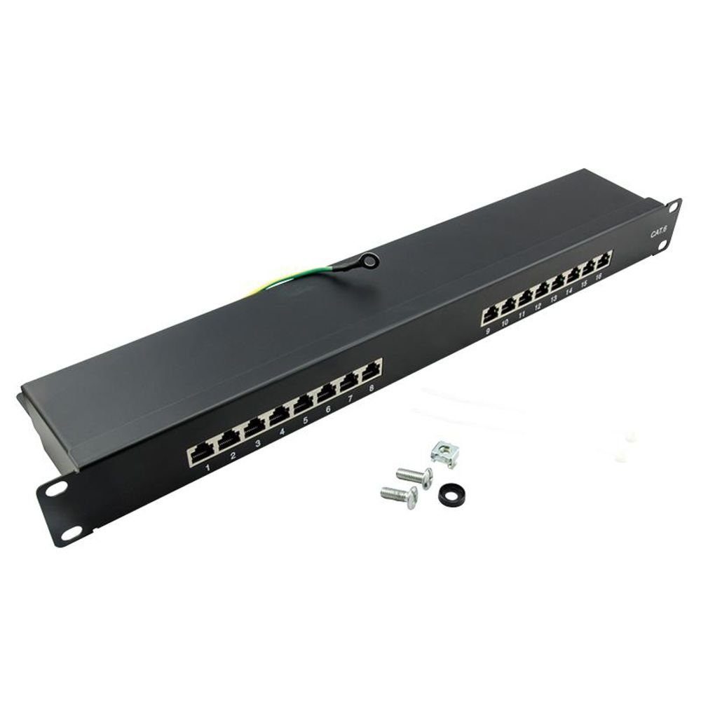 Patchpanel 19" Schrankeinbau Cat.6 STP 16 Ports PoE Ethernet Netzwerk-Patch-Panel