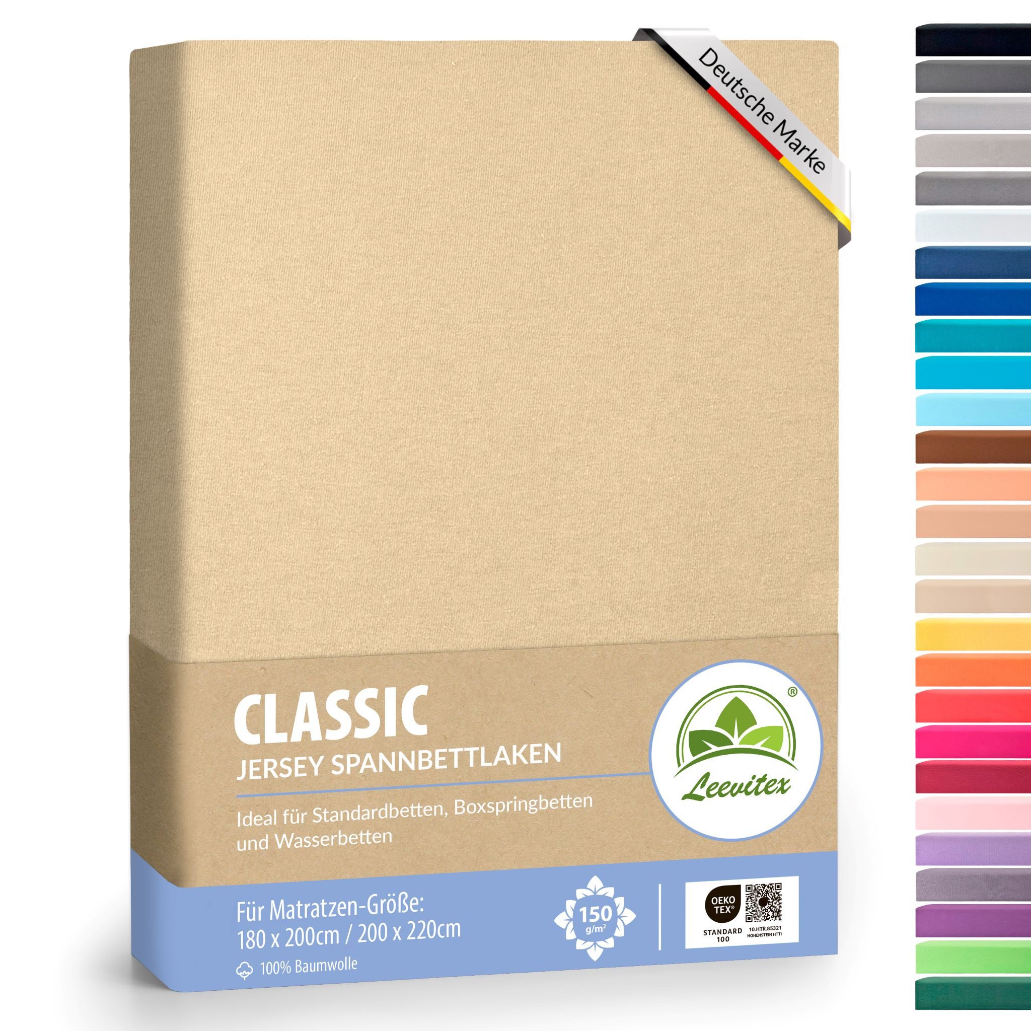 leevitex® Spannbettlaken 180x200 - 200x220 cm, 40 cm Steghöhe, Stoffdicke 150 g/m², Jersey, Gummizug: rundum, (1 Stück), verschiedene Farben, OEKO-TEX® STANDARD 100 zertifiziert