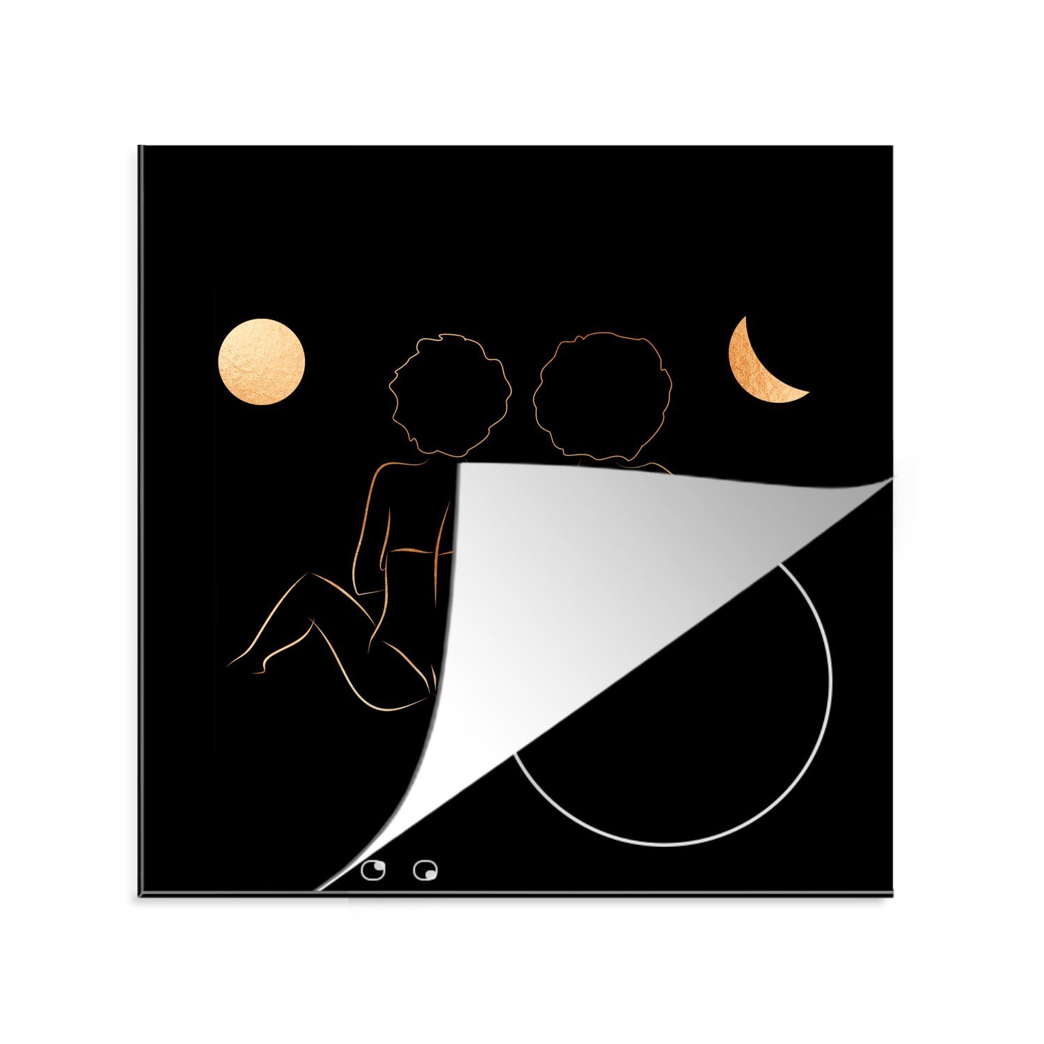 Arbeitsplatte Strichzeichnung, Ceranfeldabdeckung, - - (1 tlg), Gold Vinyl, Mond für Herdblende-/Abdeckplatte - cm, MuchoWow 78x78 küche Frauen