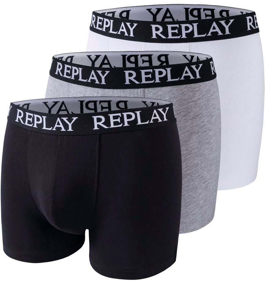 Replay Boxershorts BOXER Style 01/C Basic Cuff Logo 3pcs Box (Packung, 3er-Pack) mit Logoschriftzug am elastischen Bund schwarz-grau-weiß