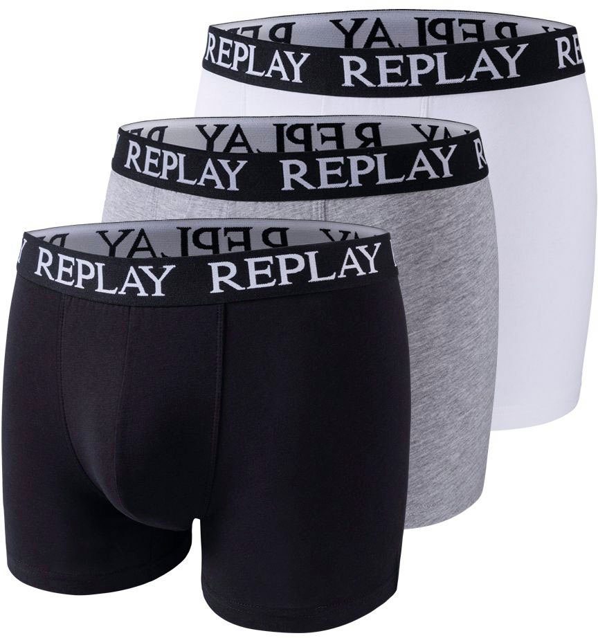 Logoschriftzug Boxershorts Style 3pcs Box (Packung, 01/C schwarz-grau-weiß am Basic mit Cuff Logo 3er-Pack) BOXER Bund elastischen Replay