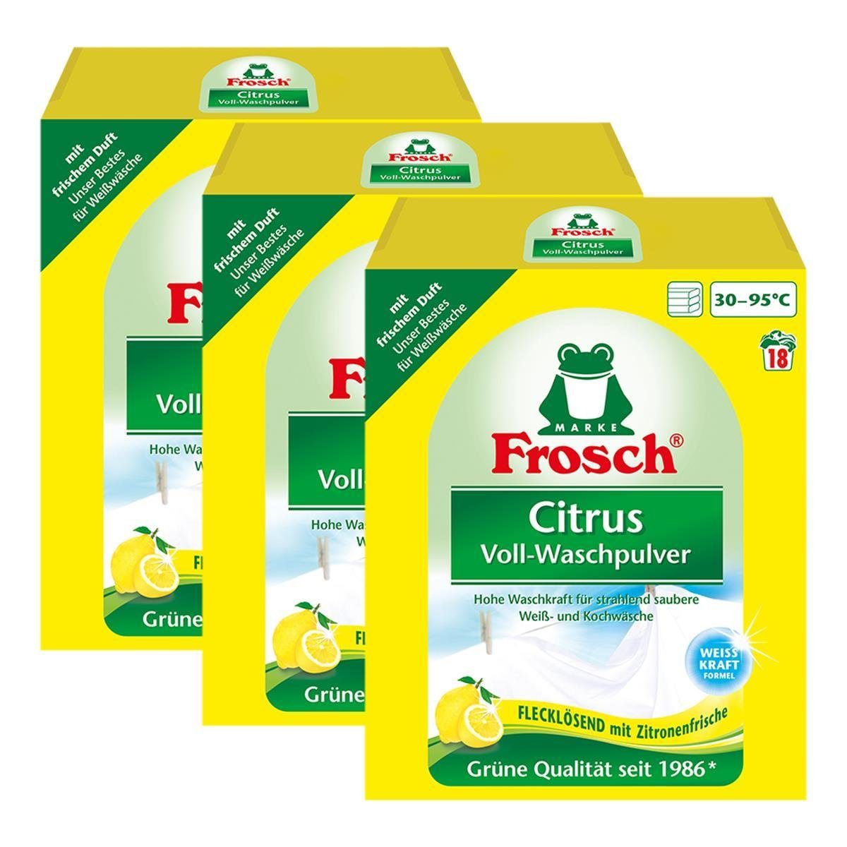 FROSCH 3x Frosch Citrus Voll-Waschpulver 1,35 kg - Flecklösend mit Zitrone Vollwaschmittel
