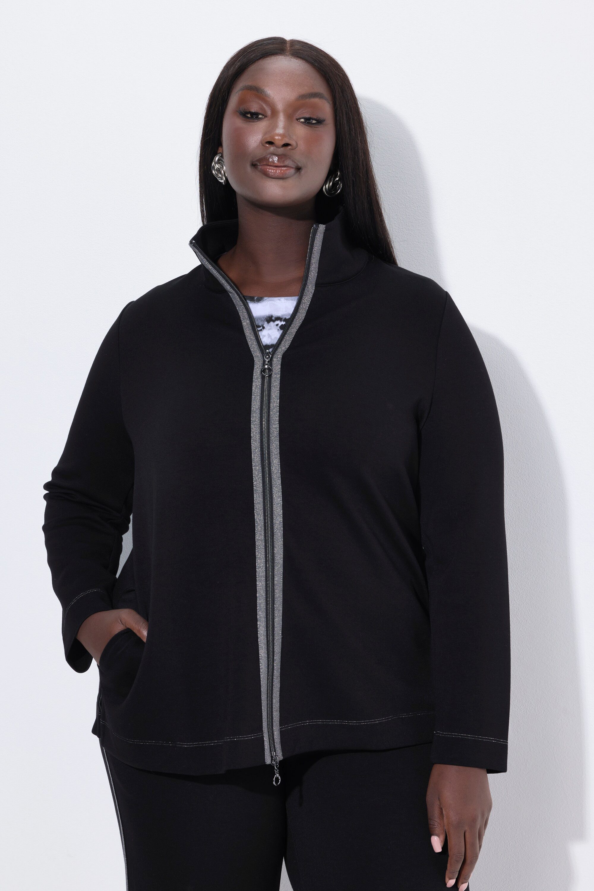 Ulla Popken Sweatjacke Sweatjacke Stehkragen 2-Wege-Zipper Glitzerband günstig online kaufen