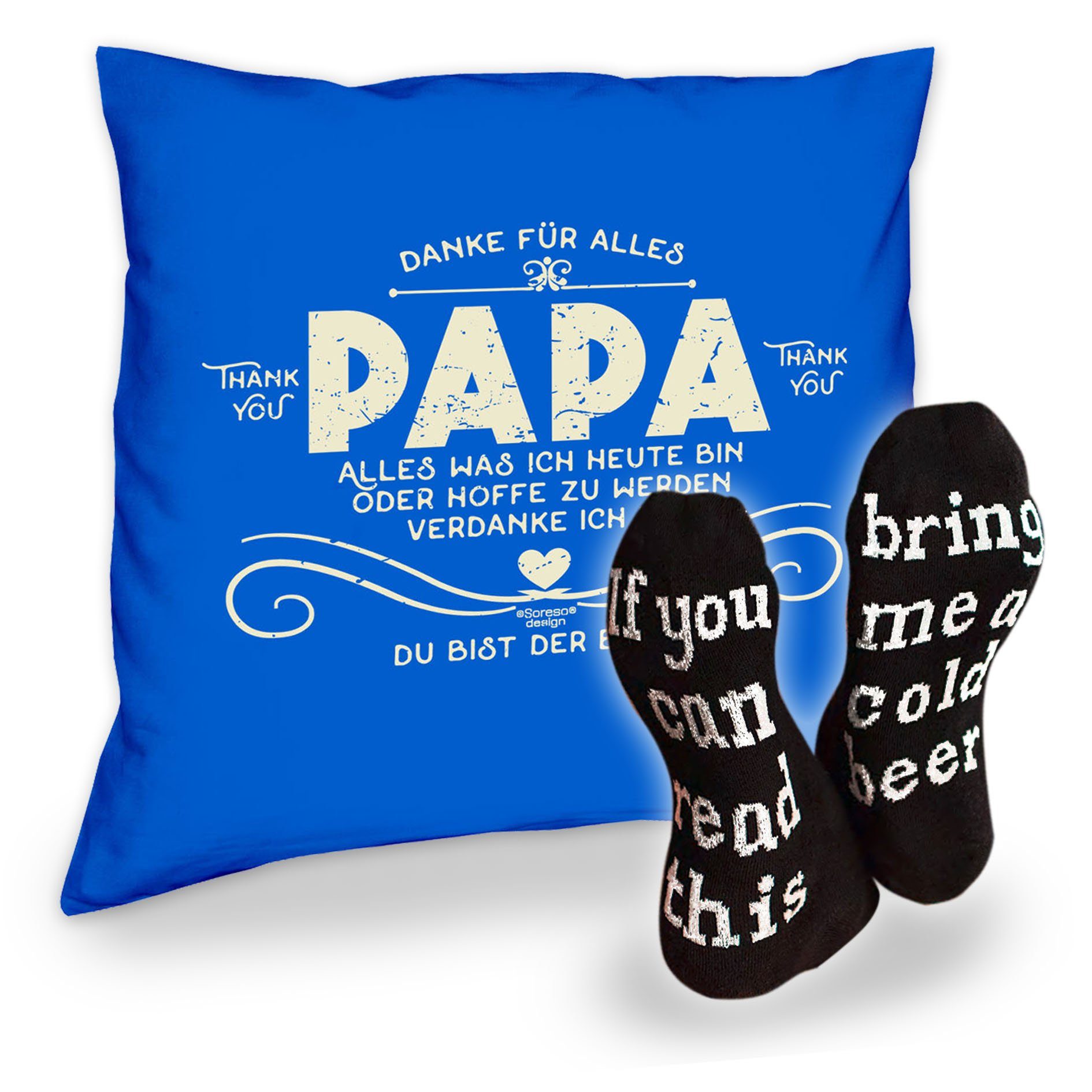 Soreso® Kissen und Danke Vatertagsgeschenk Dekokissen royal-blau Papa Socken Männer Papa Bier Spruch, mit