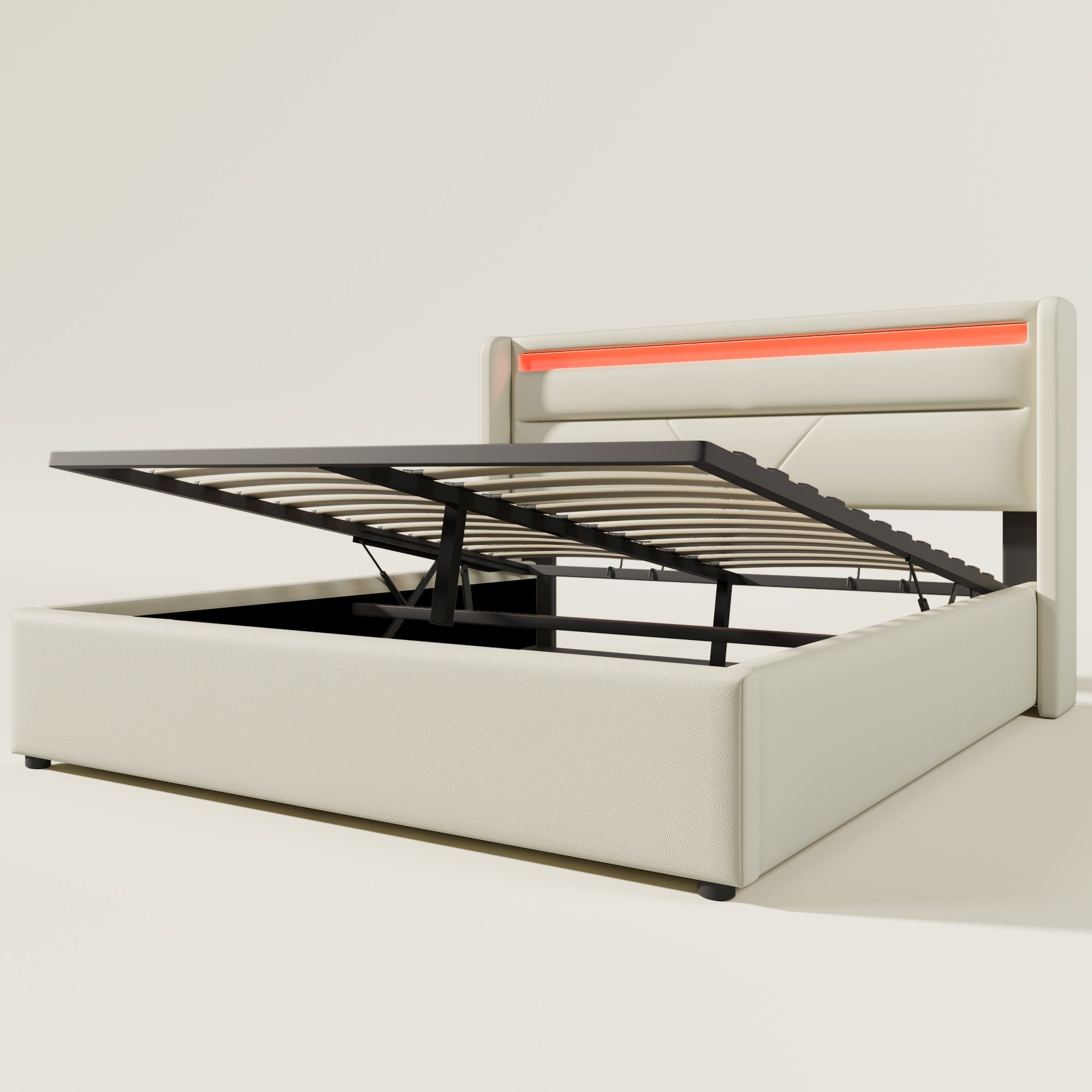 Gotagee Polsterbett Doppelbett mit LED+Stauraum Hydraulisch Mit Polsterbett Fernbedienung Weiß/Grau
