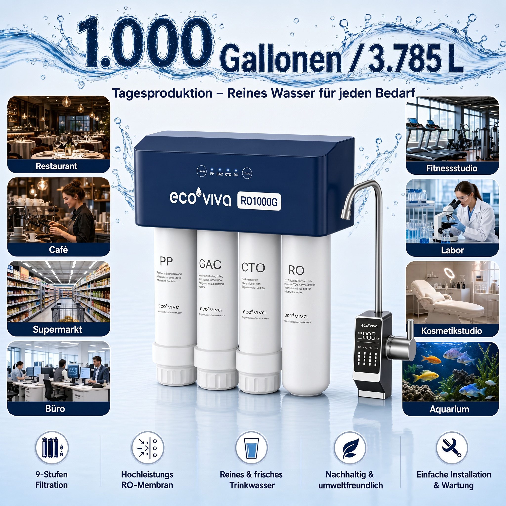 Ecoviva Wasserfilter RO1000G Untertisch Osmoseanlage Umkehrosmoseanlage Trinkwasser, Reduziert TDS, 2,1 l/min Wasserdurchflussrate, 3:1 Wassernutzung