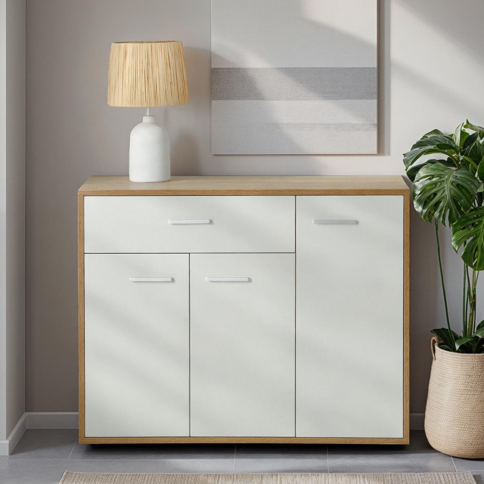 CARO-Möbel Kommode ESTELLE, Sideboard ESTELLE Mehrzweckschrank, 3 Türen und 1 Schublade, 88 cm bre