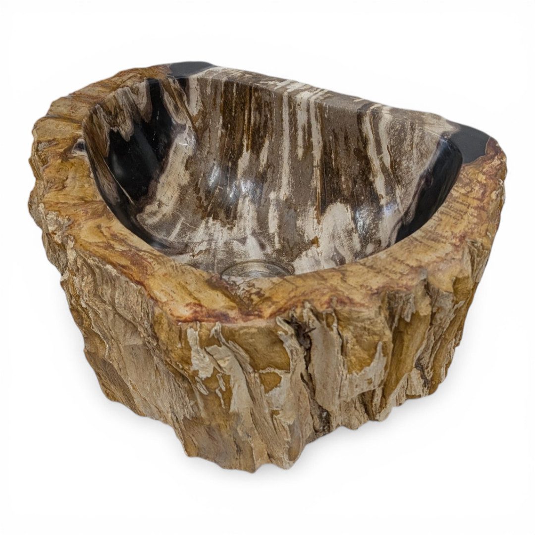 Kinaree Aufsatzwaschbecken Versteinertes Holz Waschbecken #4, poliert, Naturstein, Schwarz, Braun, Bruchstein Optik