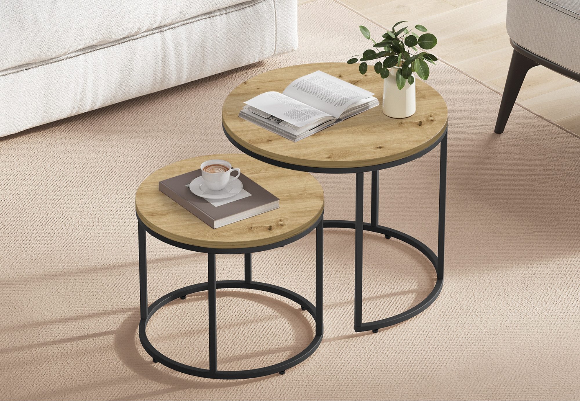 Home Collective Couchtisch 2er Set Beistelltisch Loft Design 2in1 Verschachtelung Wohnzimmer, kratzfeste Oberfläche 53cm und 43cm Artisan mit schwarzen Beinen, rund