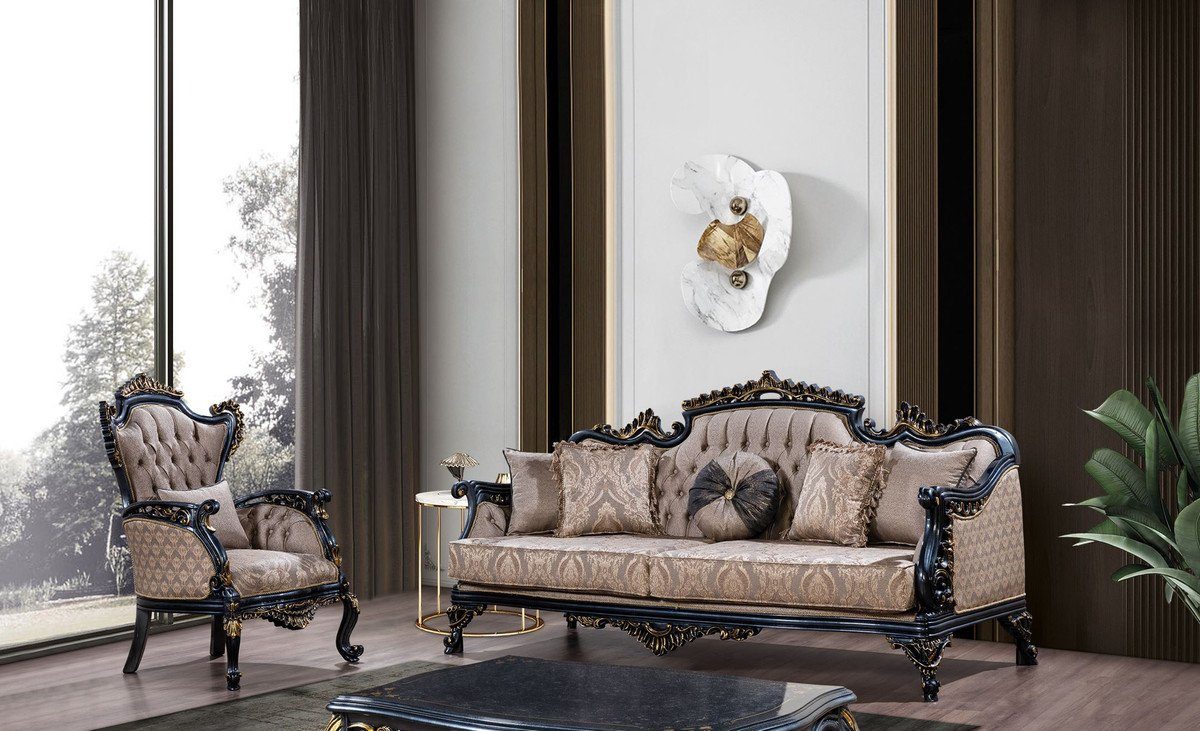 / mit Sessel Casa Barock Einrichtung Padrino Wohnzimmer - / Prunkvoller Muster Grau Blau - Casa im Luxus Möbel elegantem Padrino Möbel Barock - Gold Sessel Sessel Wohnzimmer Luxus Barockstil - Barock