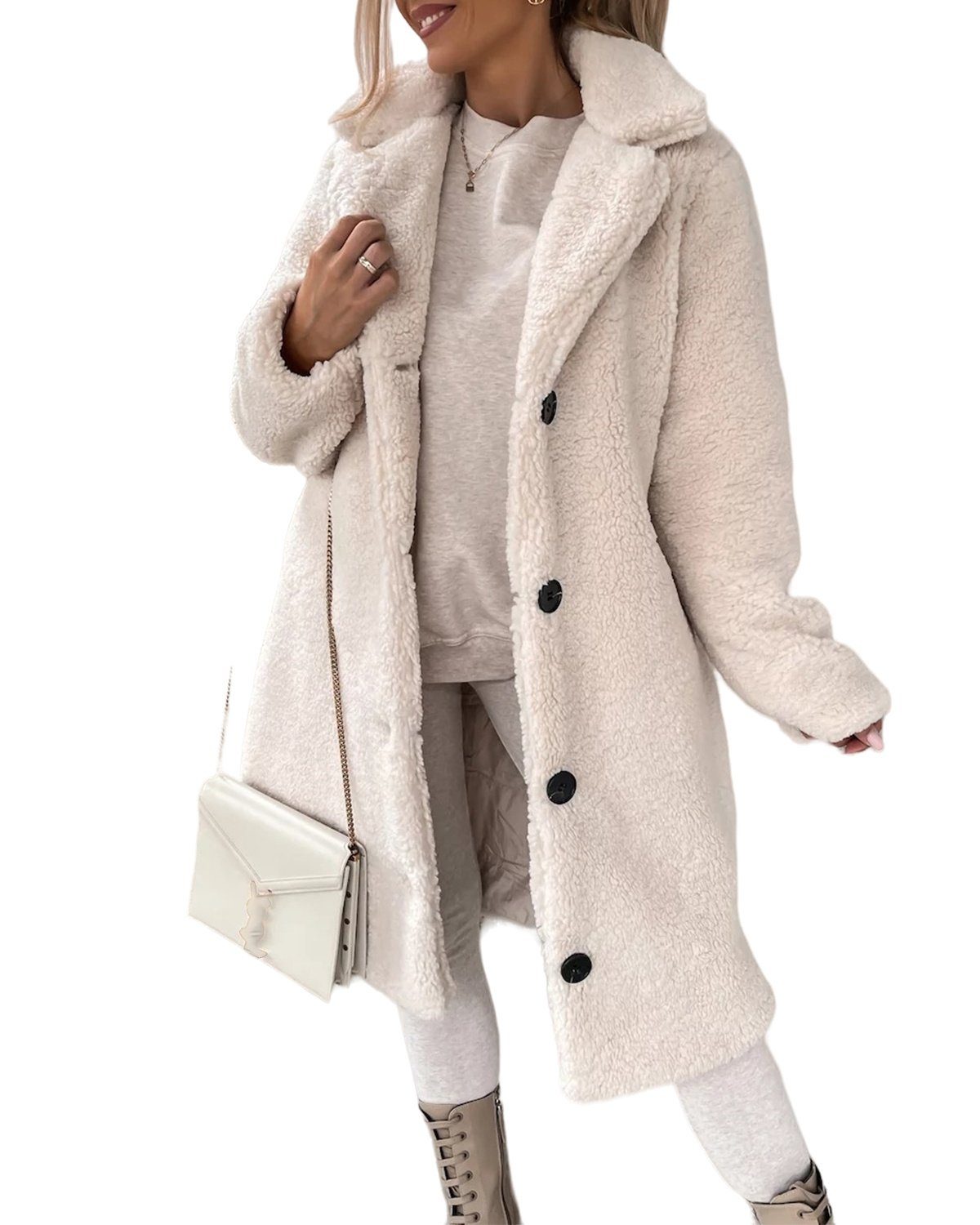 B.X Fleecejacke Damen-Fleecemantel mit langen Ärmeln und Reißverschluss Winter-Plüschjacke, einfarbig, lässiger Mantel mit Revers und Knöpfen Weiß