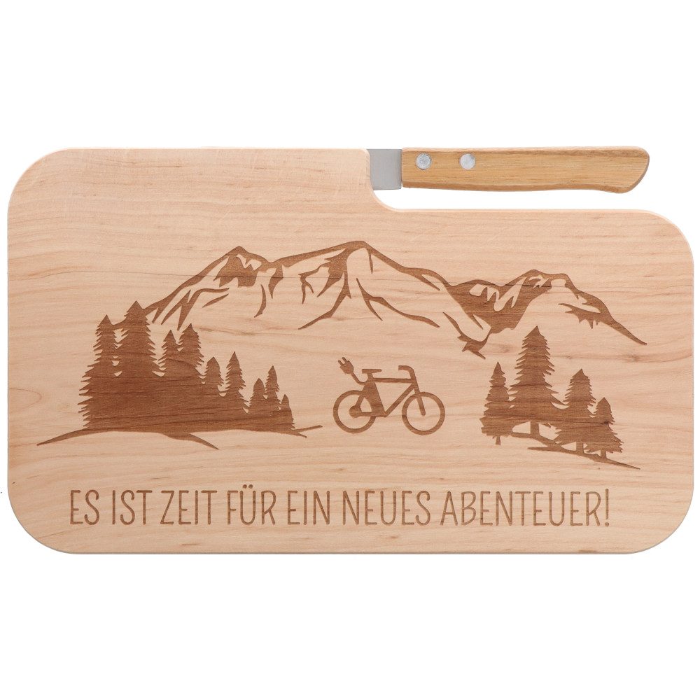 Spruchreif® Schneidebrett Brotzeitbrett mit Messer, Gravur Holzbrett, Geschenk für Radfahrer