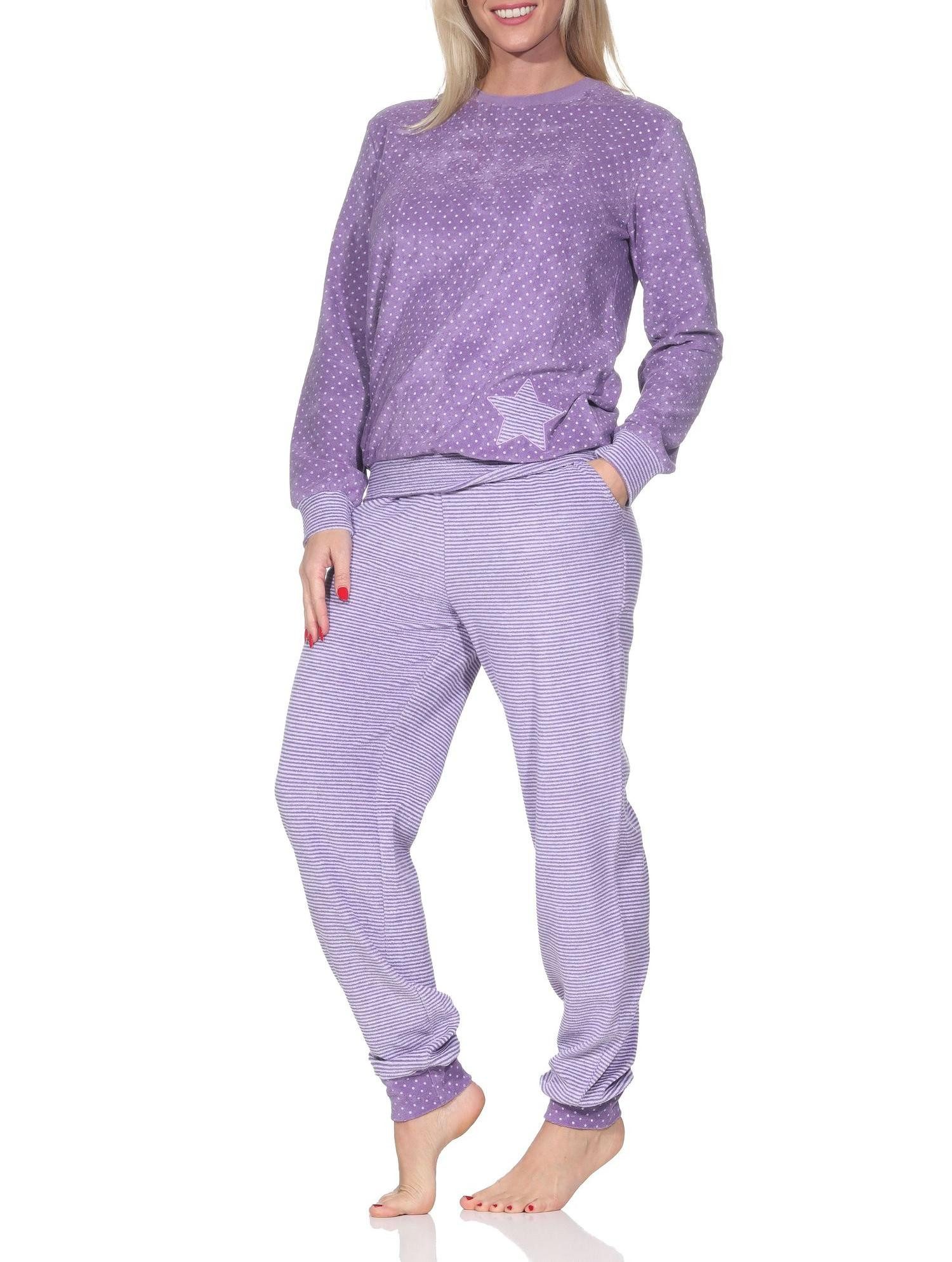 Normann Pyjama Normann Damen Frottee Pyjama mit Bündchen in Tupfen- und Ringeldesign – Bild 3 von 4