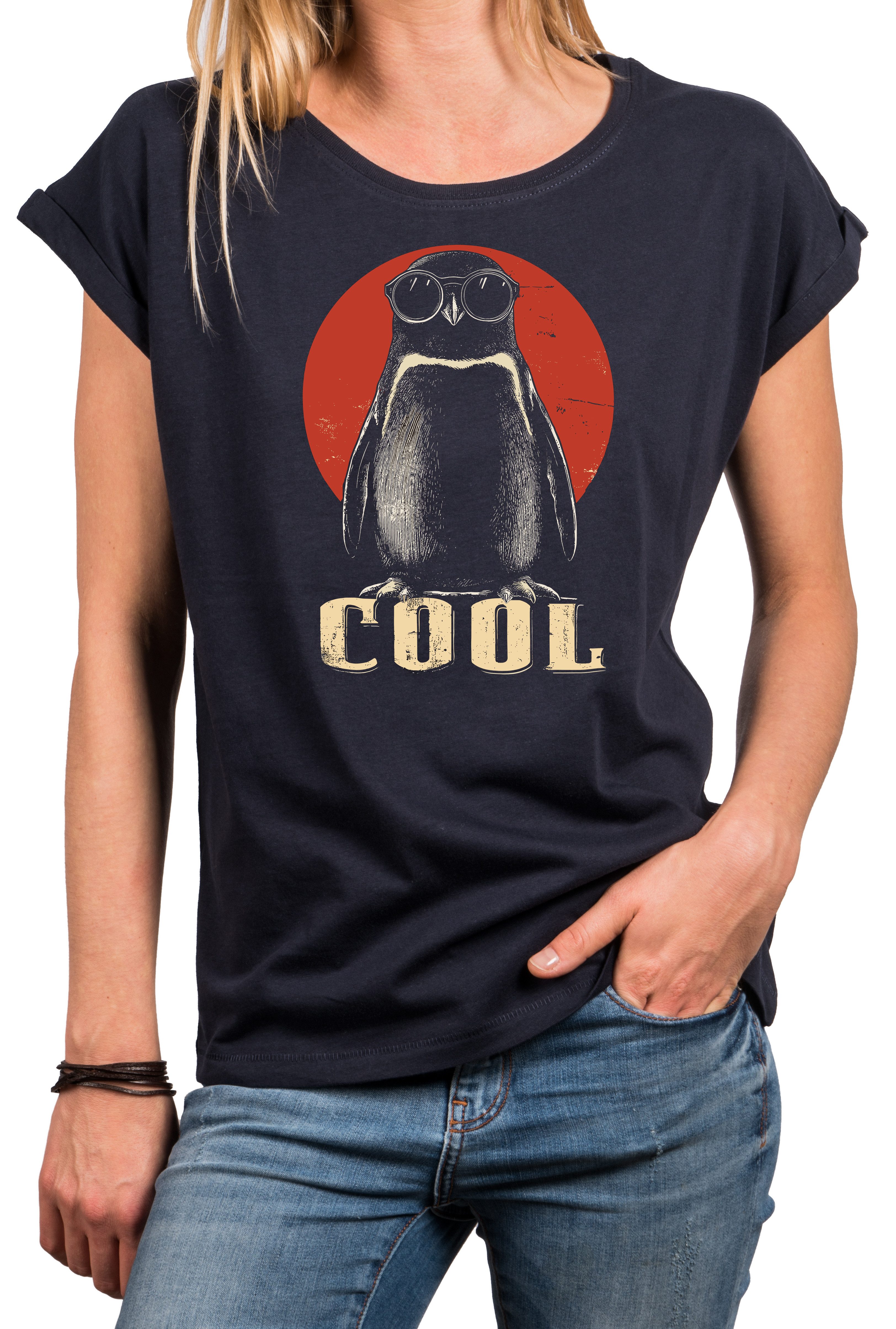 MAKAYA T-Shirt Lustiges Damen-Top mit Pinguin-Grafik – witziges Tiermotiv (Schwarz, Blau, Dunkelgrau, 34, 36, 38, 40, 42, 44, 46, 48, 50) Baumwolle