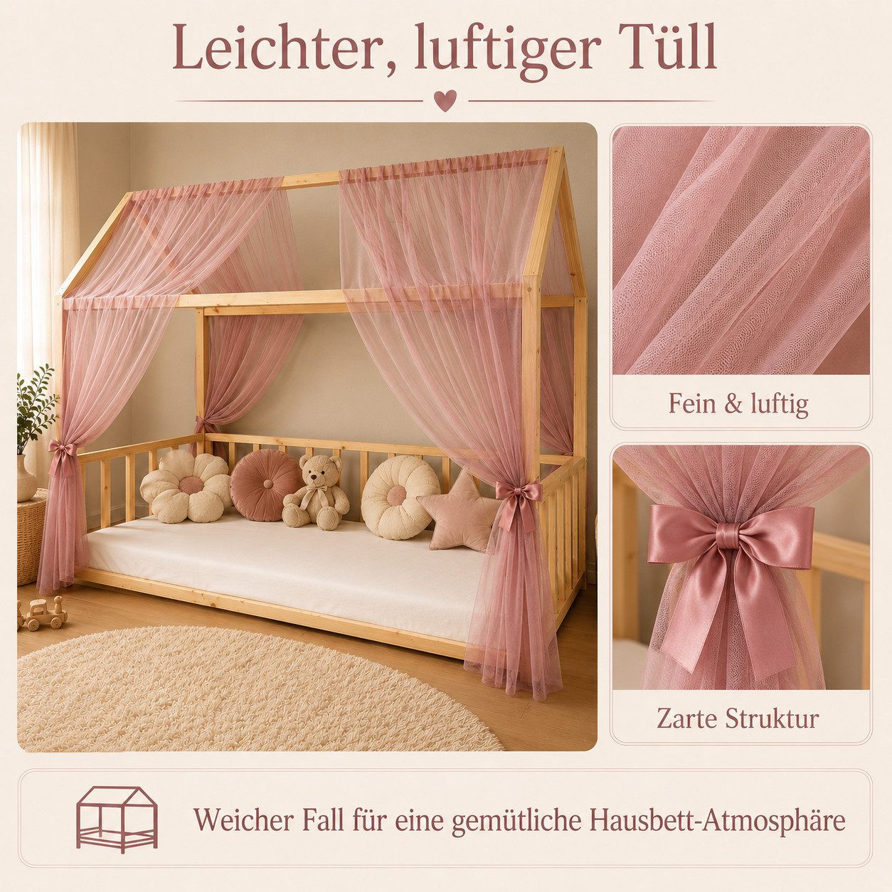 Baby Fancyroom Betthimmel Hausbett Himmel Premium Tüll, Baldachin für Kinderbett Mädchenzimmer, 2-teilig, mit 4 Schleifen, Premium Tüll