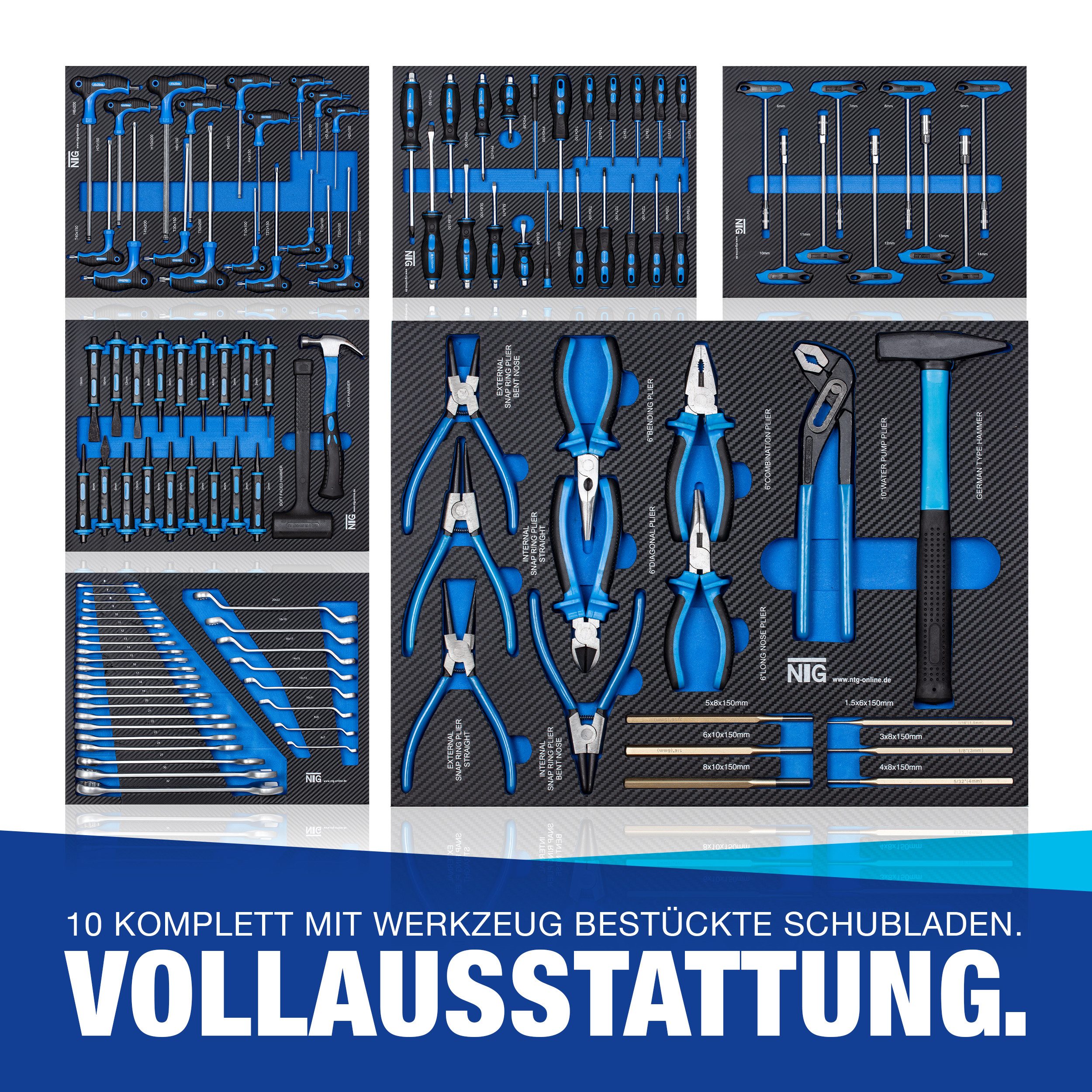 NTG Nutzfahrzeug Technik GmbH Werkstattwagen XXL Werkzeugwagen 457 Teilig 12 Schubladen Werkzeugkiste Abschließbar, 454-tlg. Werkzeugset, (457-tlg), Soft Inlays – Bild 4 von 5