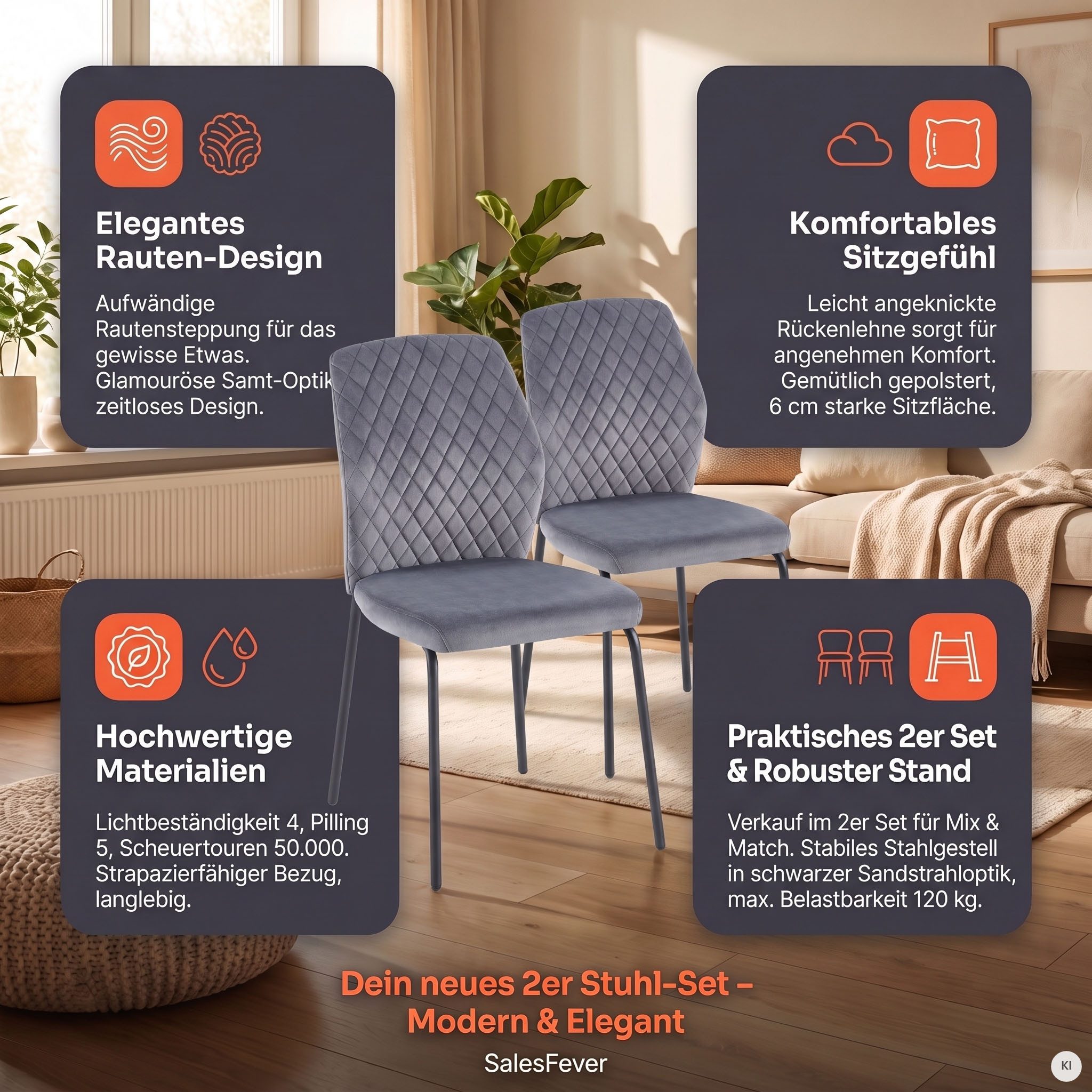SalesFever 4-Fußstuhl Esszimmerstuhl mit elegantem Stil (Set, 2 St), 2er Set mit eleganter Wabensteppung im Rücken – Bild 4 von 5