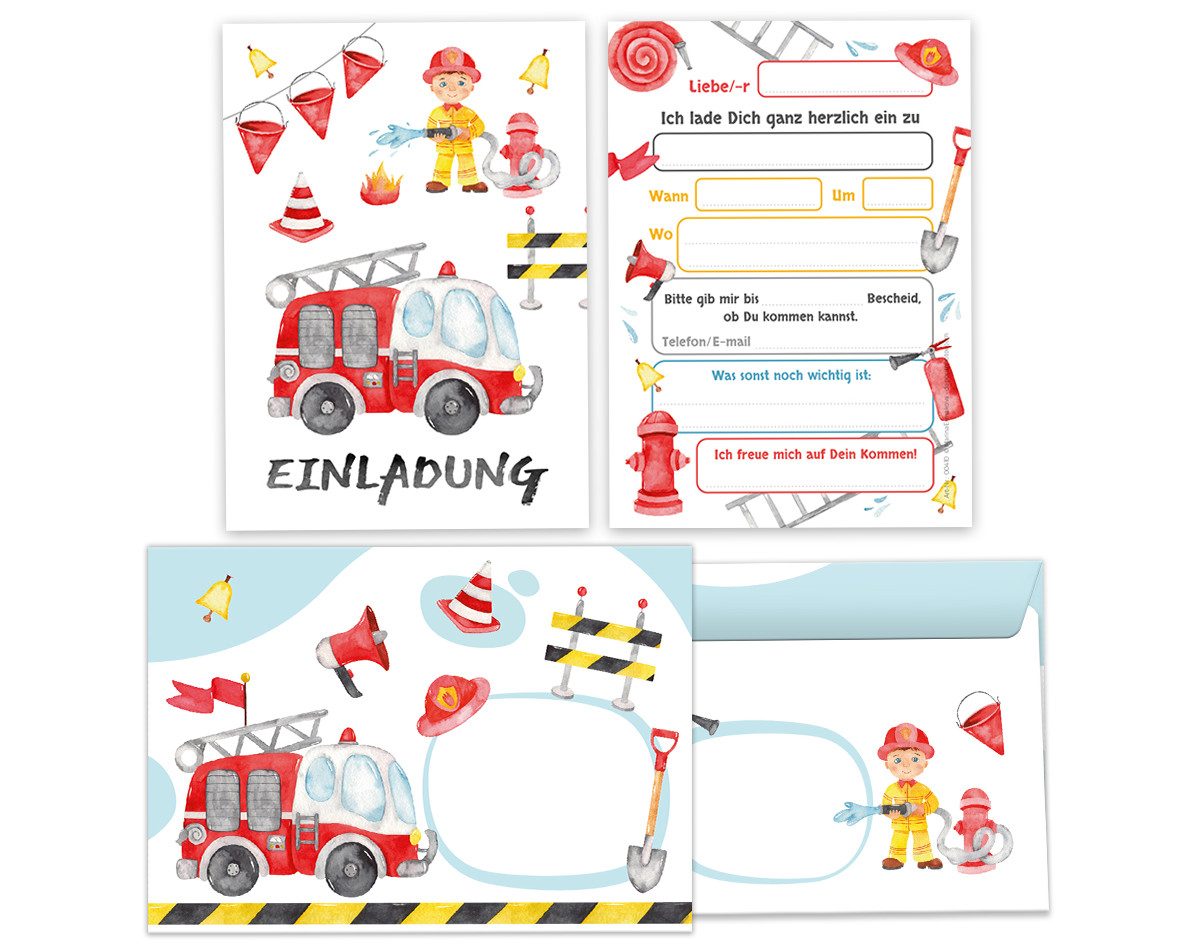JUNAPACK Einladungskarten Feuerwehr zum Kindergeburtstag Karten Einladungen mit Umschlägen, Einladungskarten mit Umschlägen zum Geburtstag Feuerwehr