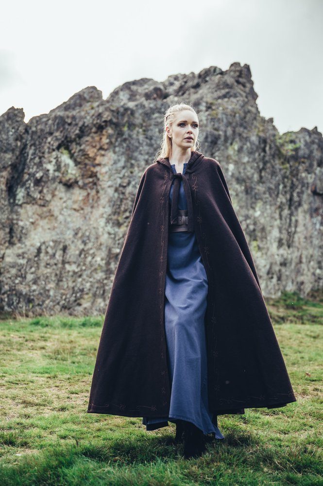 Leonardo Carbone Wikinger-Kostüm Mittelalter Umhang Wolle mit Stickerei Braun