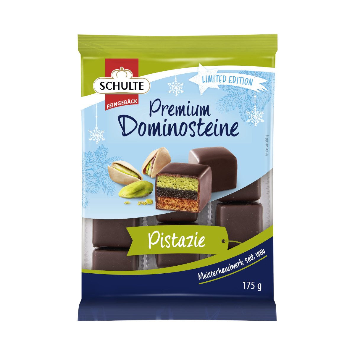 Schulte Kekse, Schulte Premium Dominosteine Pistazie Zartbitterschokolade 175g
