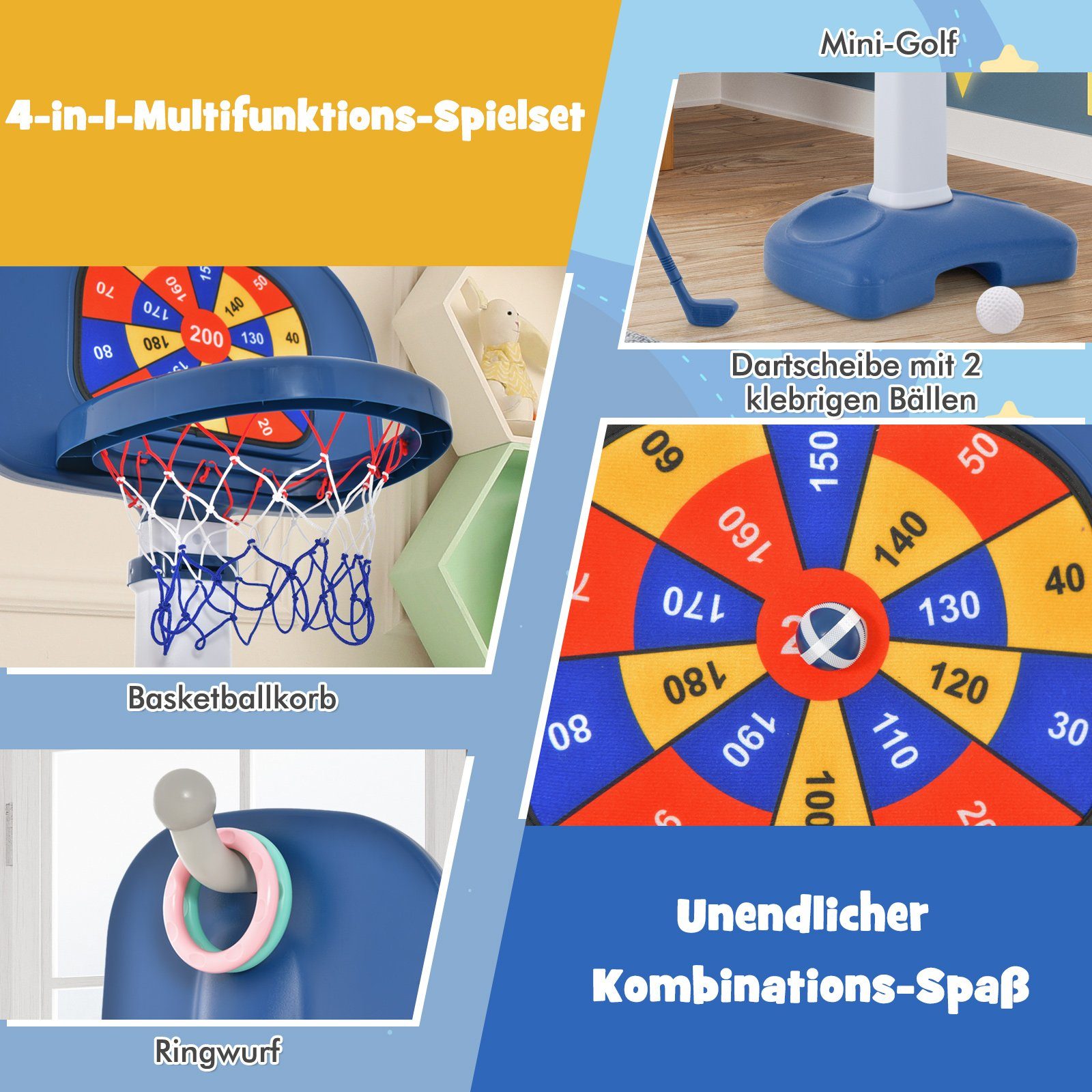 COSTWAY Basketballkorb 4 in 1 Kinder Basketballständer, höhenverstellbar
