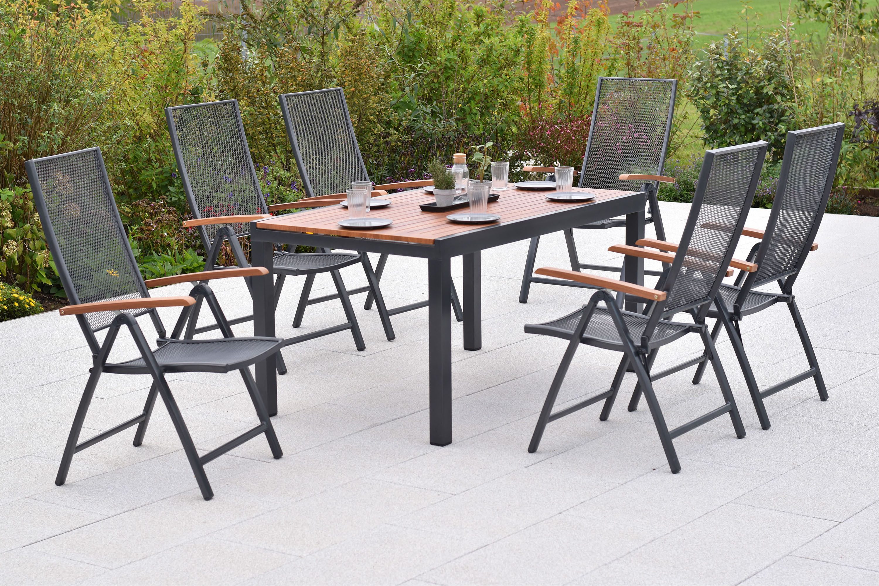 MERXX Garten-Essgruppe »Thasos«, (Set, 7-tlg), folierte Armlehnen und Tischplatte in Holzoptik