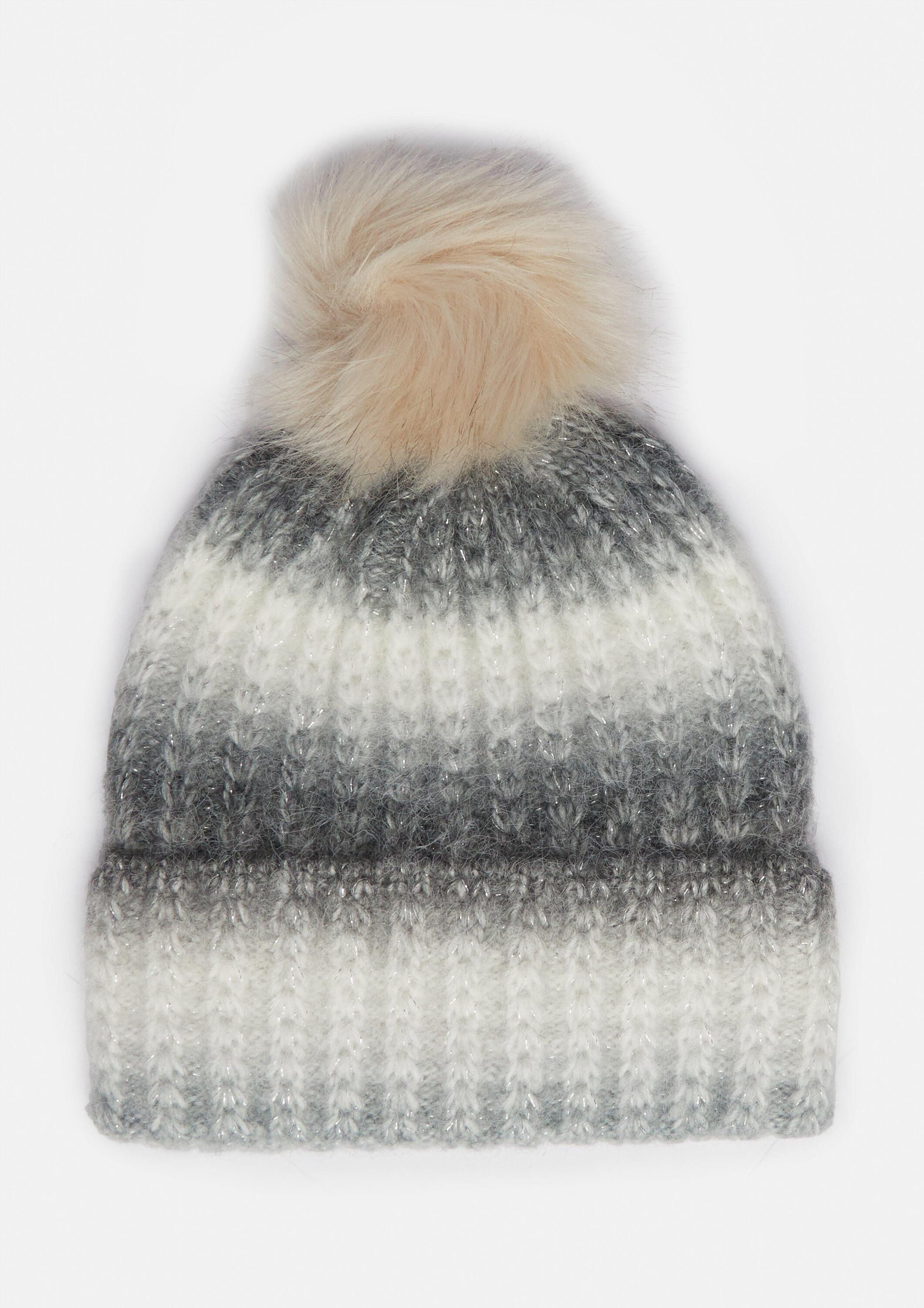 comma Strickmütze Mütze Strick-Beanie mit Glitzergarn und Fake Fur-Bommel