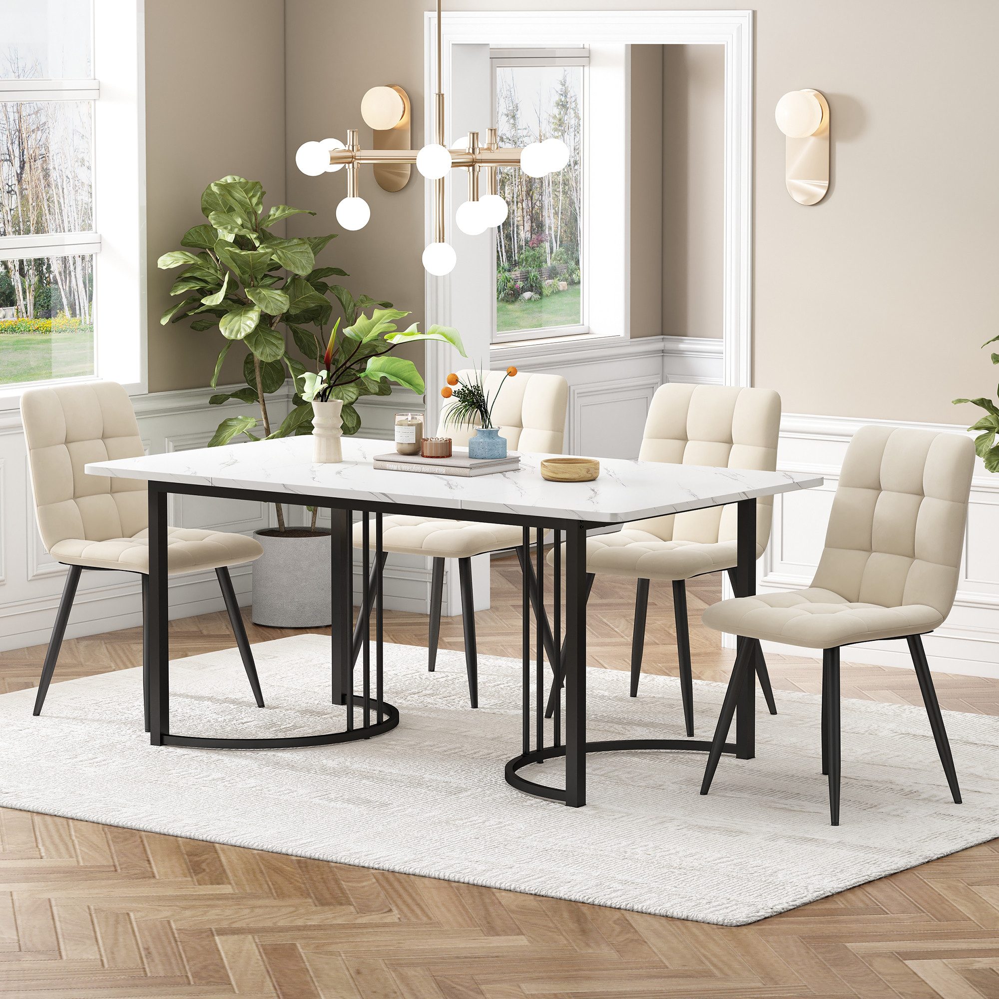 IDEASY Essgruppe 5St, 140×80cm Esstisch mit 4 Stühlen, Modernes Küchentischset, (Hohe Rückenlehne, verdicktes Sitzkissen, Küchentisch mit Marmormuster), Samt Esszimmerstühle, MDF Tischplatte, Golden Metallbeinen
