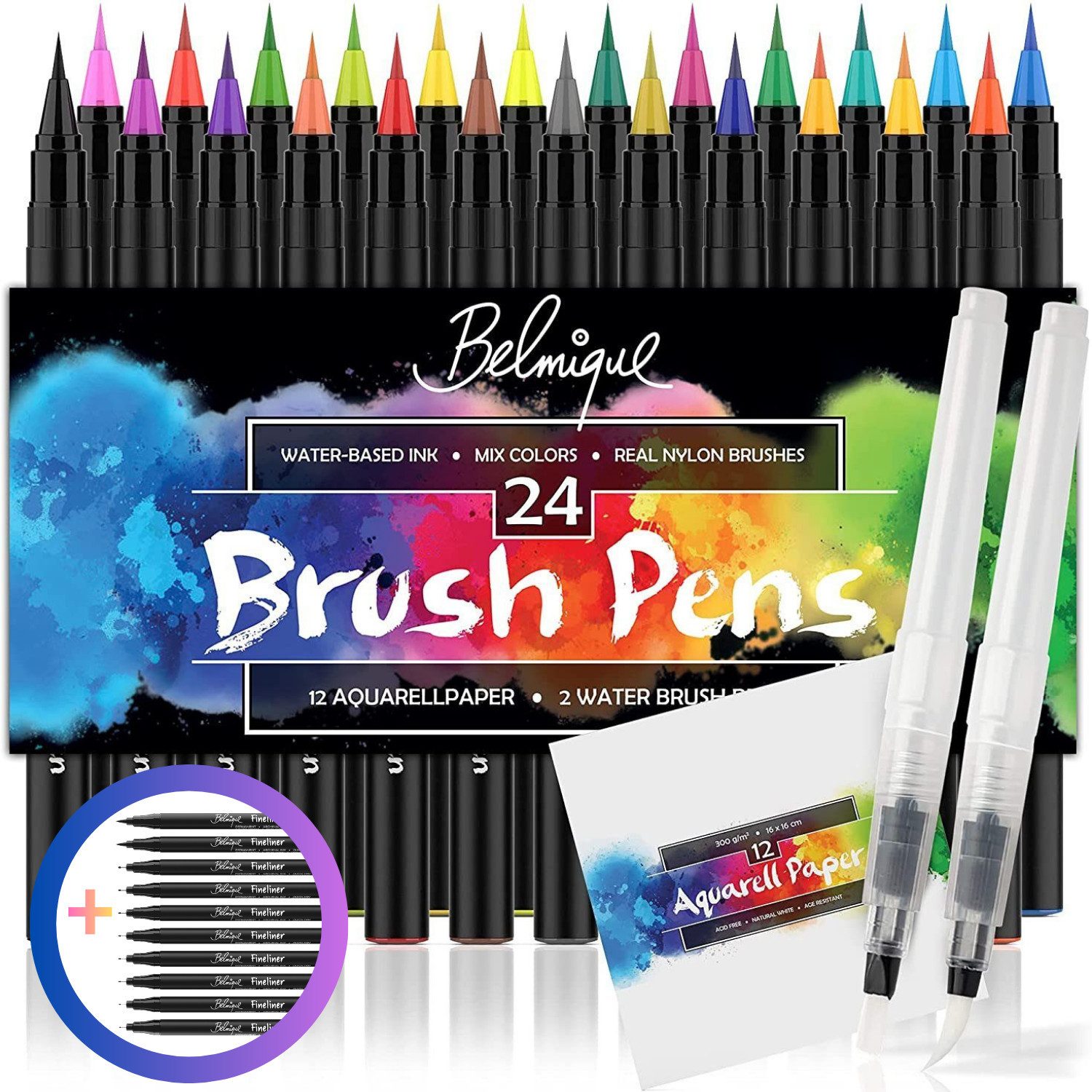 Belmique Aquarellstifte Brush Pens XXL-SET, (Set, 48-tlg., 38 SET), + 10 wasserfeste Fineliner