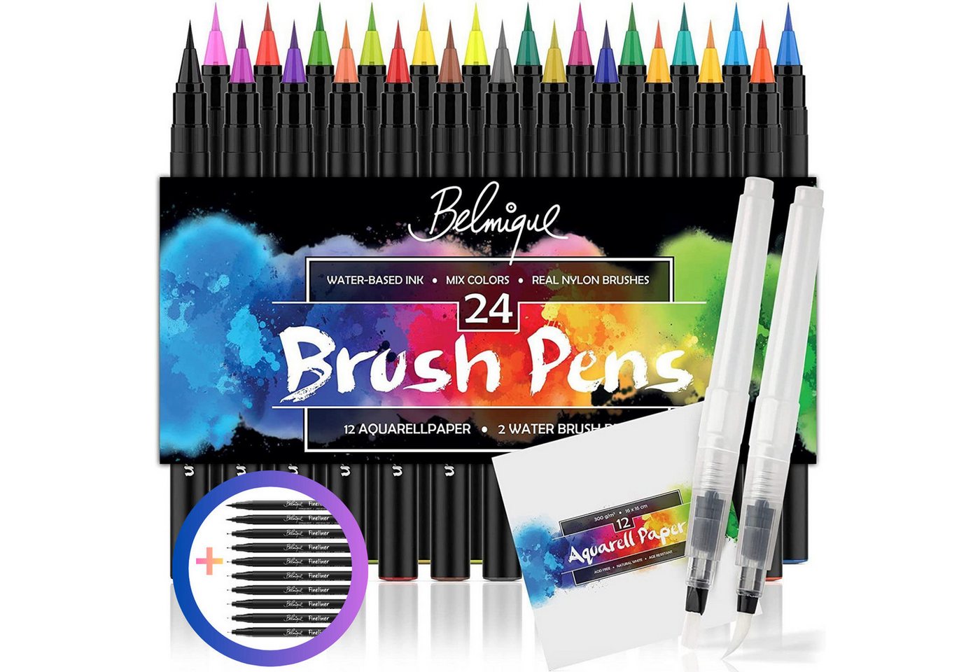 Belmique Aquarellstifte Brush Pens XXL-SET, (Set, 48-tlg., 38 SET), + 10 wasserfeste Fineliner