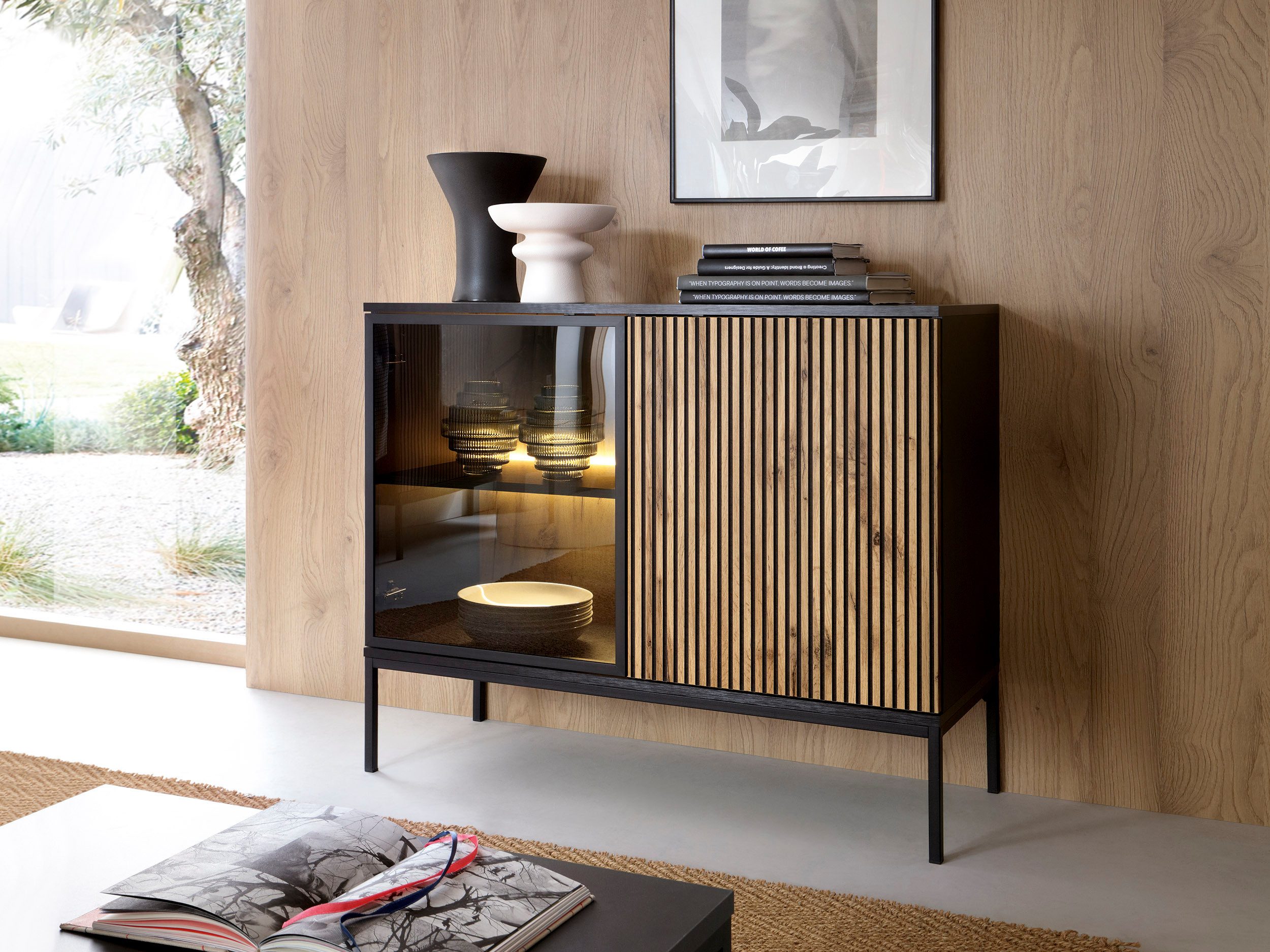 Compleo Kommode LINO (mit Fronten gefräst und gehärtetem Glas) Loft/Modern stil