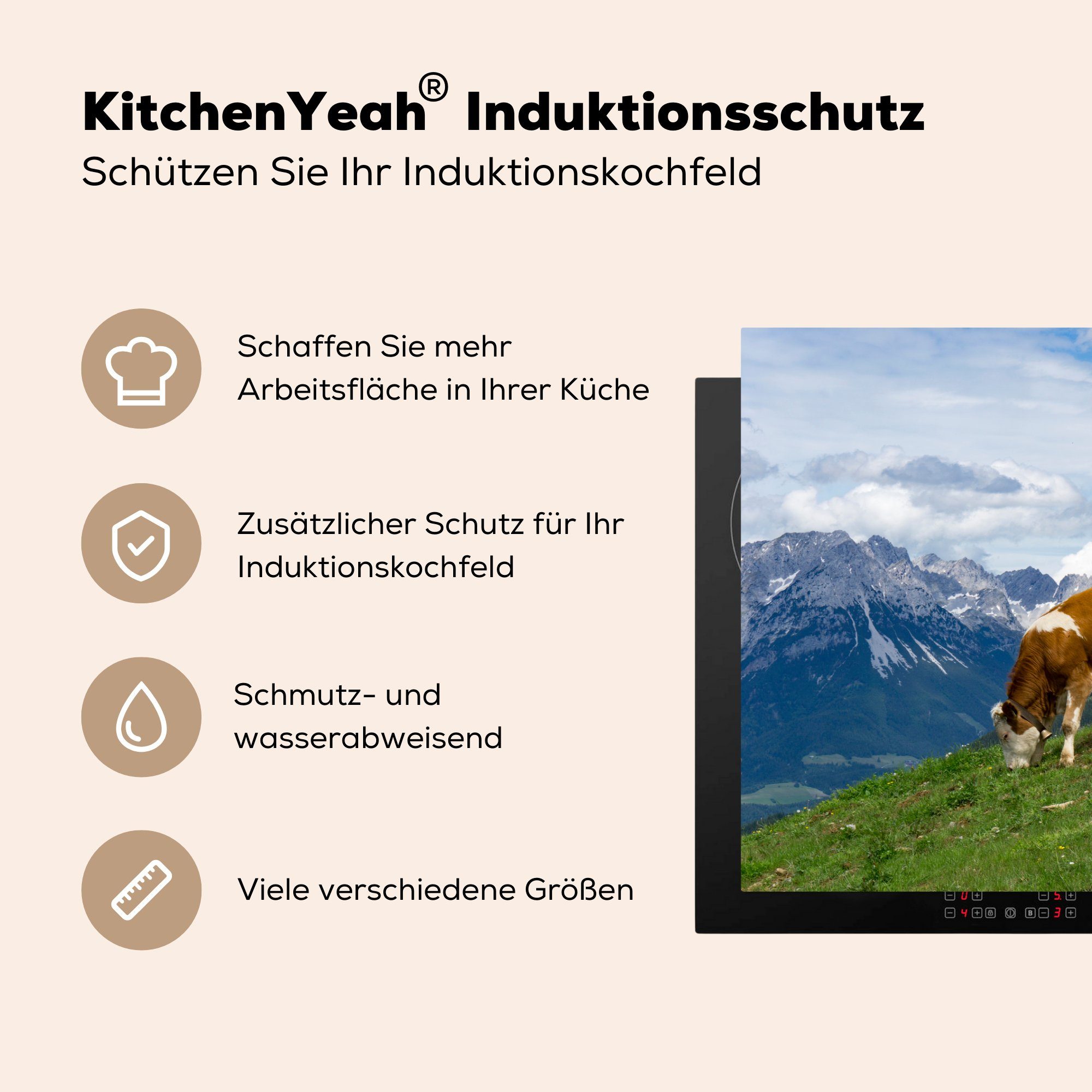 MuchoWow Herdblende-/Abdeckplatte Landschaft - tlg), küche, (1 - für Schutz Induktionskochfeld Ceranfeldabdeckung die Vinyl, cm, 81x52 Kühe Österreich