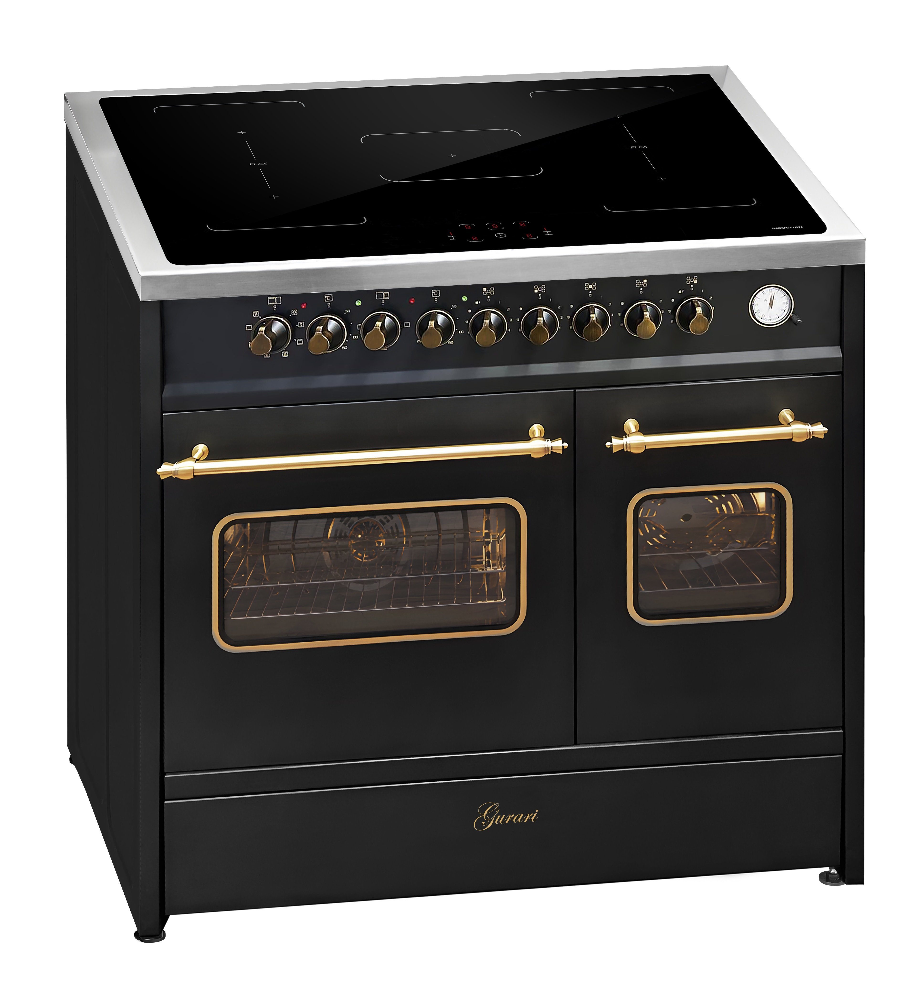 GURARI Induktions-Standherd Retro Elektro Standherd 90 cm, Range Coocker mit FLEX Induktion E 913 DF RU BL., mit 1-fach-Teleskopauszug