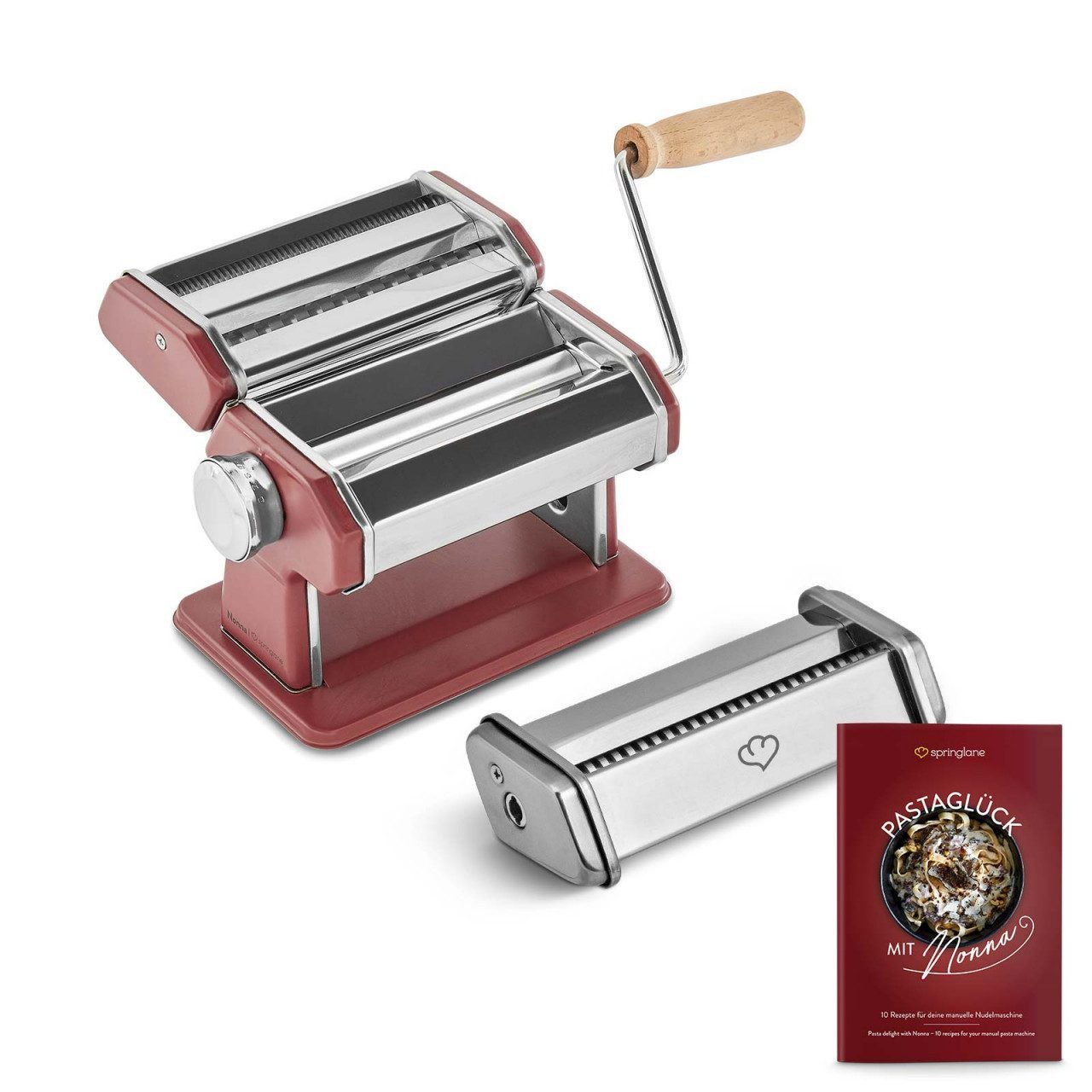 Springlane Nudelmaschine - Manuelle Nudelmaschine aus Edelstahl inkl. Linguine Aufsatz, Rezeptbuch, Nudeltrockner & 3 Schneideaufsätze, 9 Teigdicke-Stufen