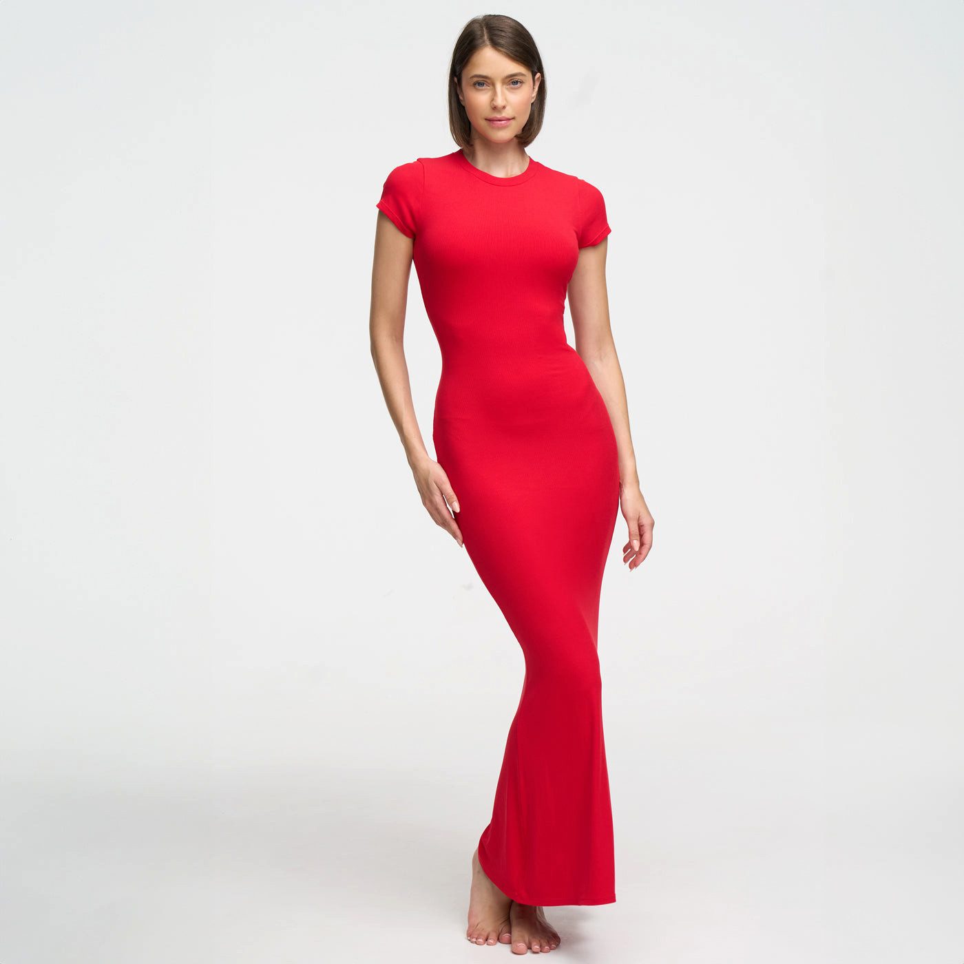 Creamy Fabrics Jerseykleid Ribbed T-Shirt Maxikleid-Fire Red-2XL (1-tlg)