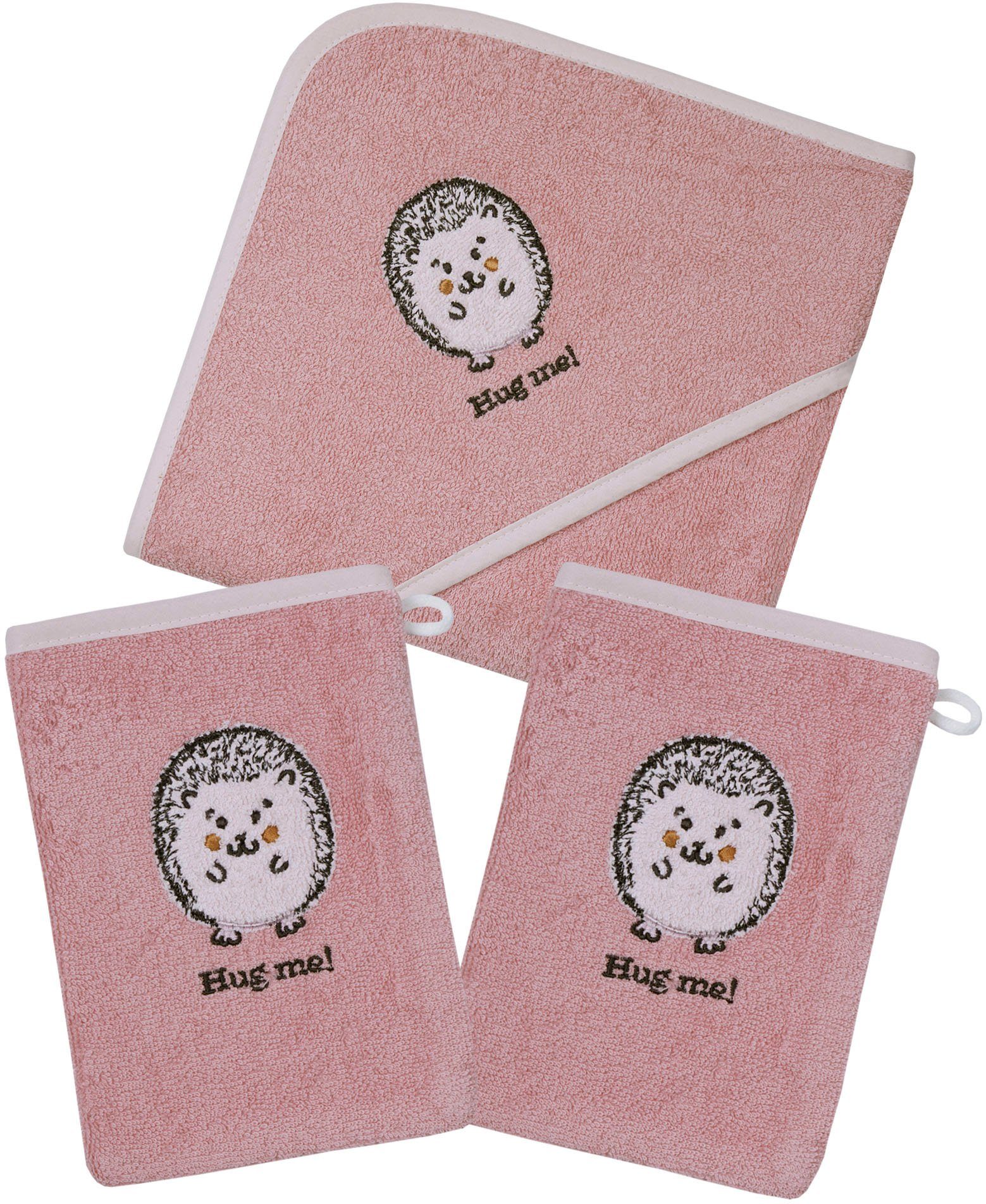Wörner Handtuch Set Igel rosa Kapuzenbadetuch mit 2 Waschhandschuhen, Frottier, (Spar-Set, 3-tlg), mit süßer Igelstickerei