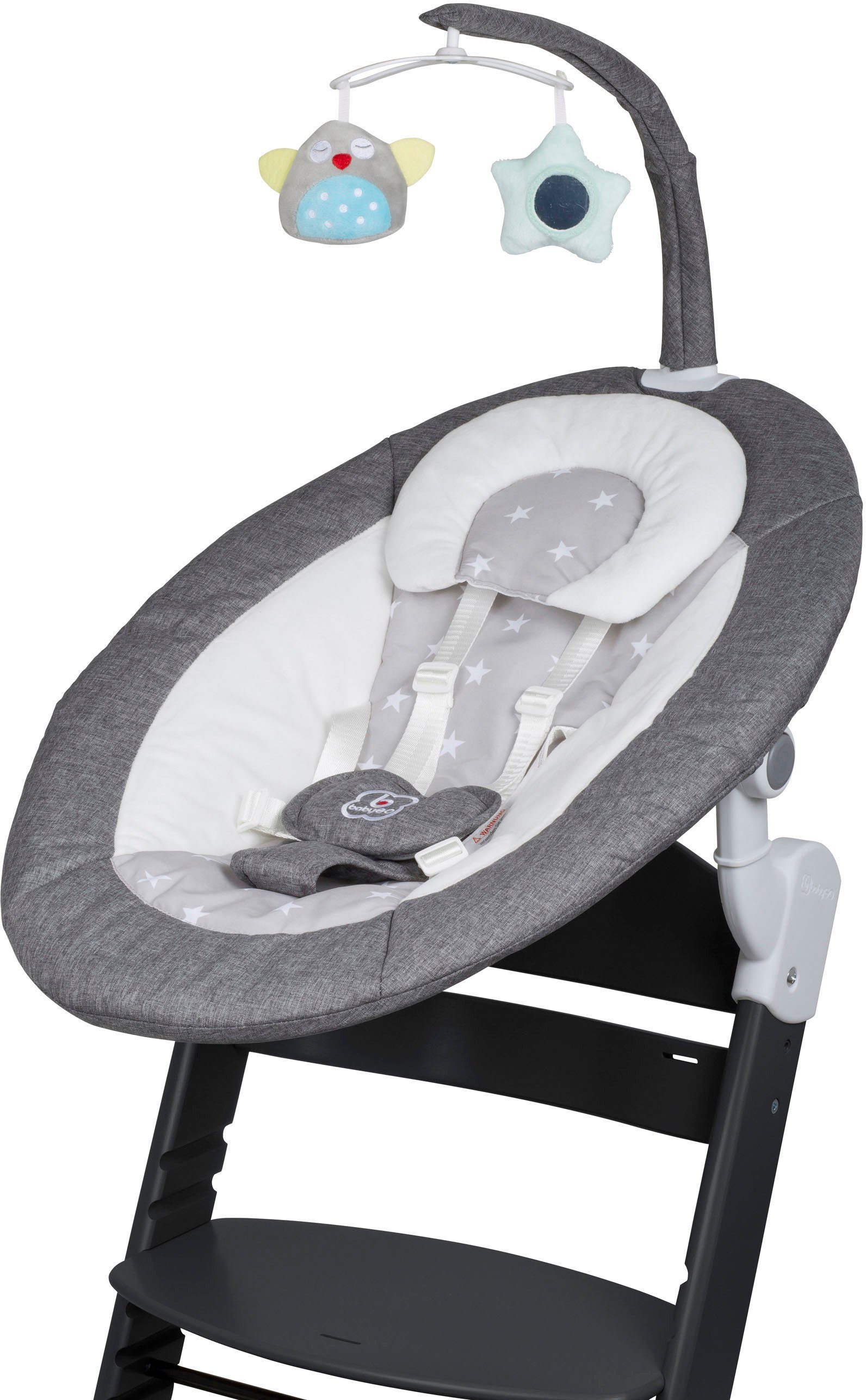 BabyGo Hochstuhl Family Homey Set, schwarz/hellgrau, mit elektrischer Babywippe inkl. Spielbogen