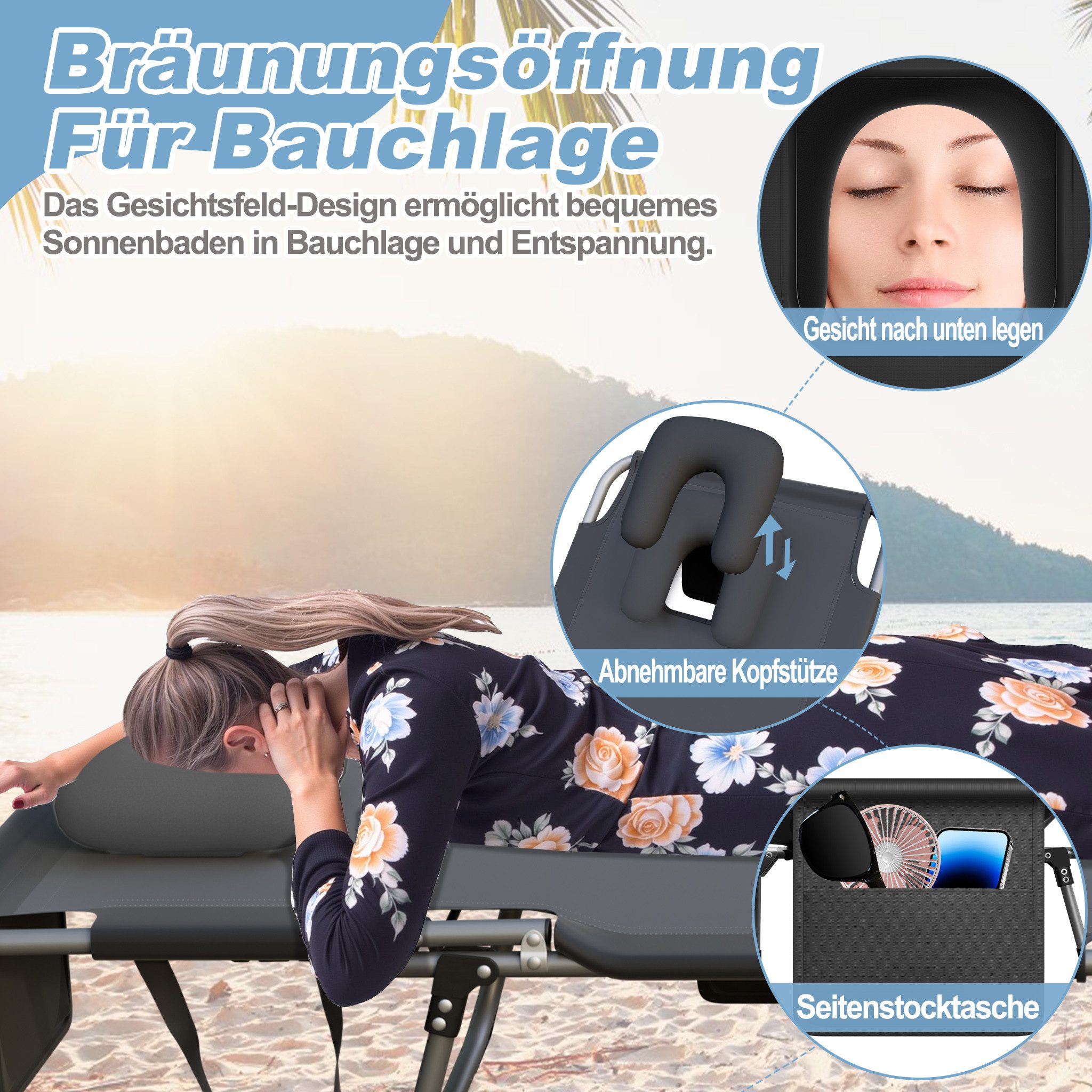 FIVMEN Gartenliege Faltbare Sonnenliege mit Gesichtsausschnitt 4 fach verstellbar 160kg, Garten Strandliege mit Kopfkissen Seitentasche Tragegriffe, 190x63cm – Bild 5 von 5