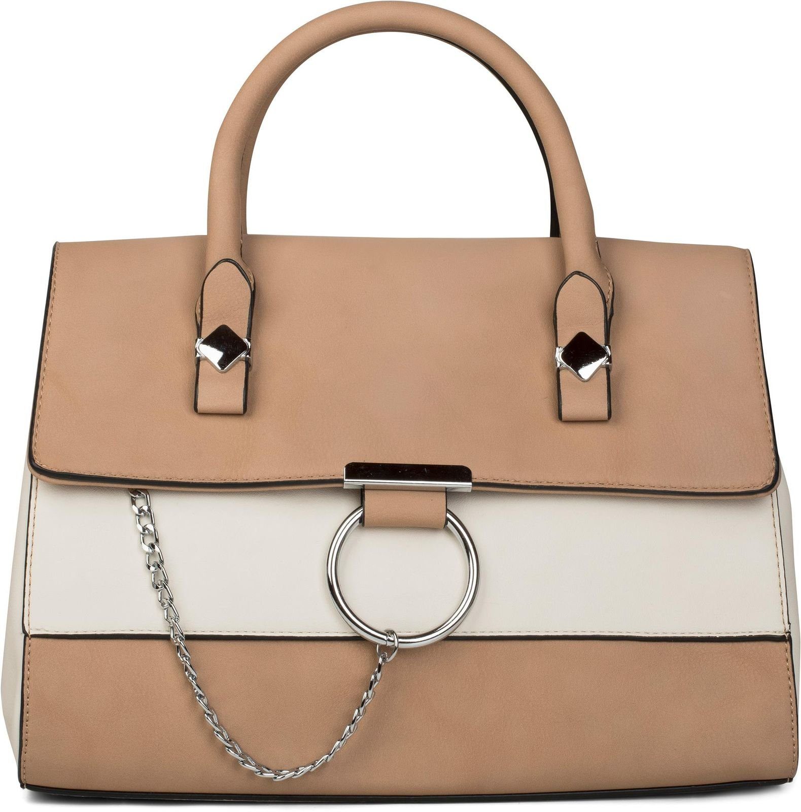 styleBREAKER Henkeltasche (1-tlg), Henkeltasche 2-Tone mit Metall Ring und Kette Hellbraun / Creme