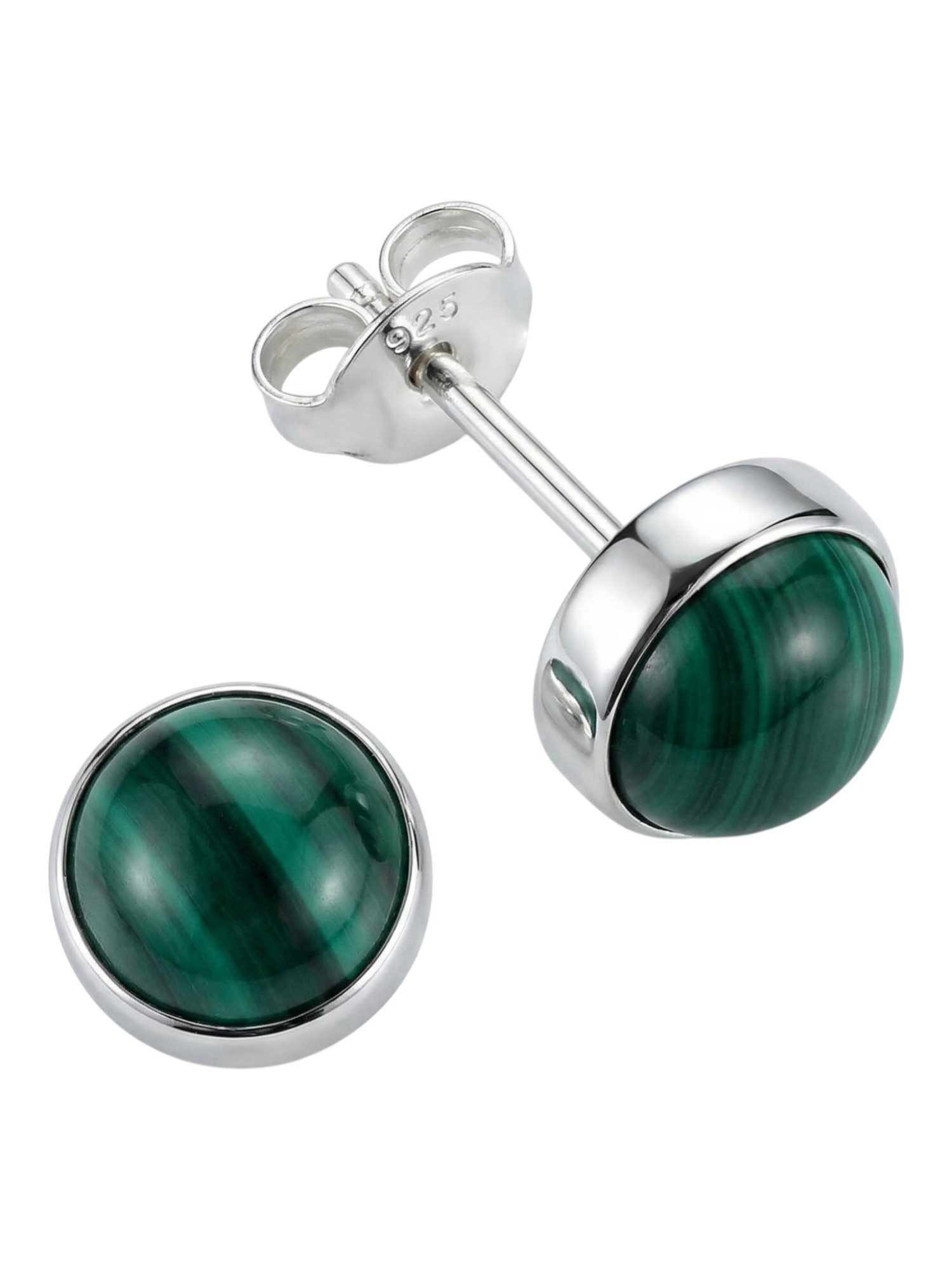 mantraroma Paar Ohrstecker SAMA rund medium aus 925 Silber mit Malachit (Paar, Paar Ohrringe mit Schmuckbeutel), 925 Sterling Silber Ohrringe für Damen
