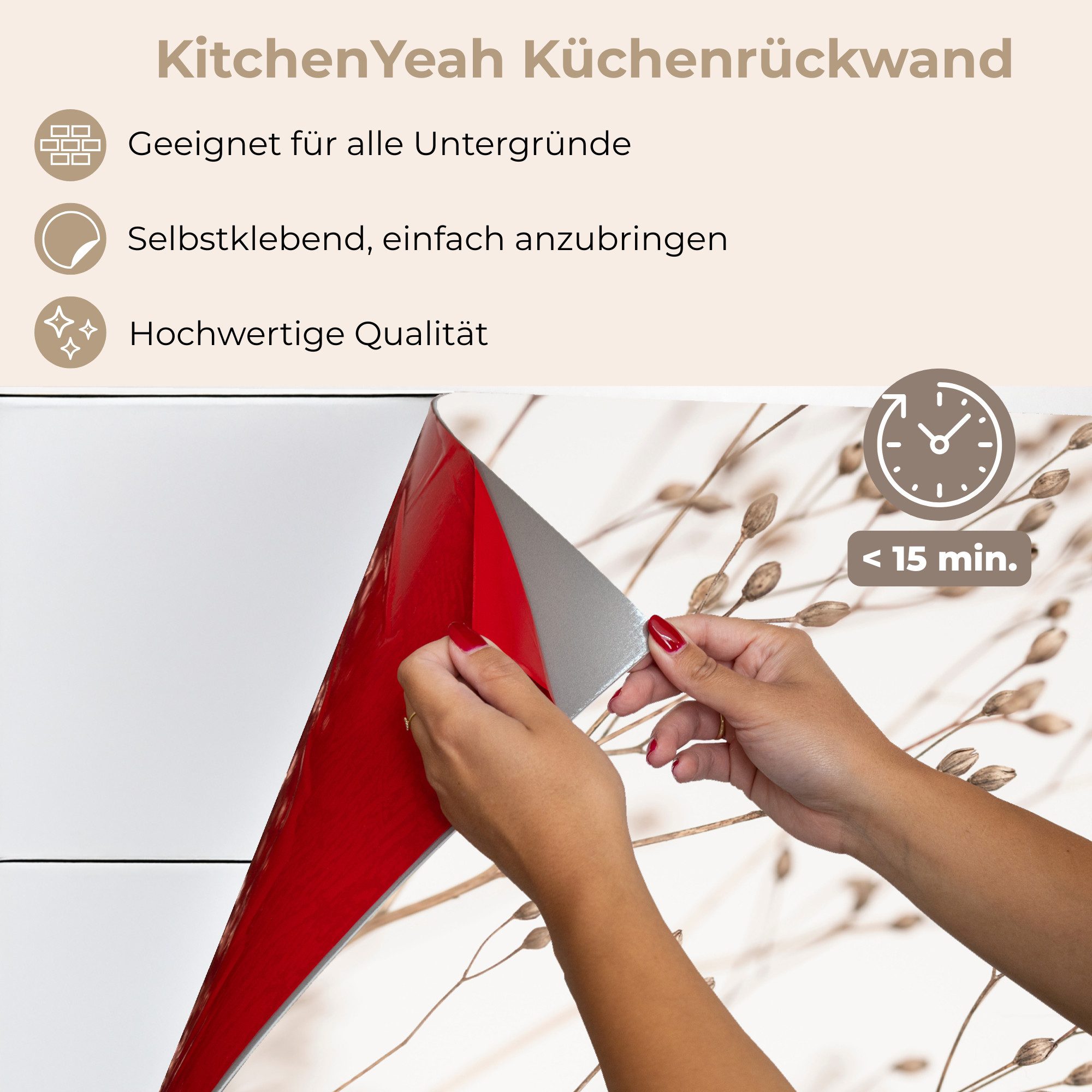 KitchenYeah Küchenrückwand selbstklebend Natur - Pflanzen - Zweig - Weiß - Braun - Trockenblumen, (1-tlg), Spritzschutz, Küche, Rückwand, Küchenwand, Küchenfront, 80x60 cm