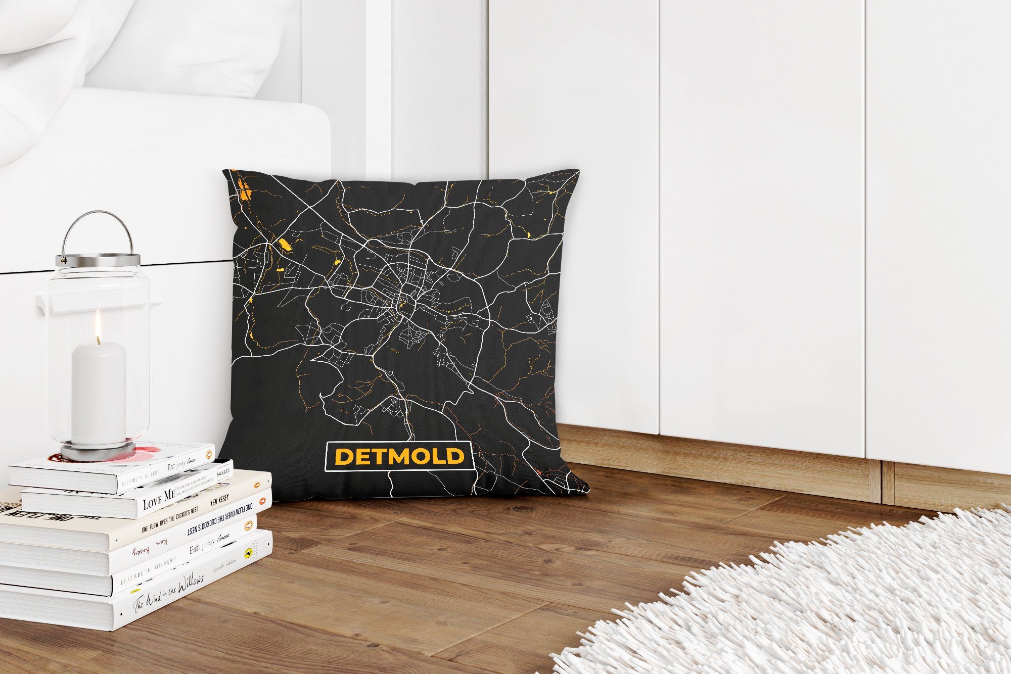 Stadtplan mit Karte Schlafzimmer, Deutschland, Wohzimmer, für - MuchoWow Füllung Zierkissen Sofakissen Deko, - Dekokissen Detmold - Gold -