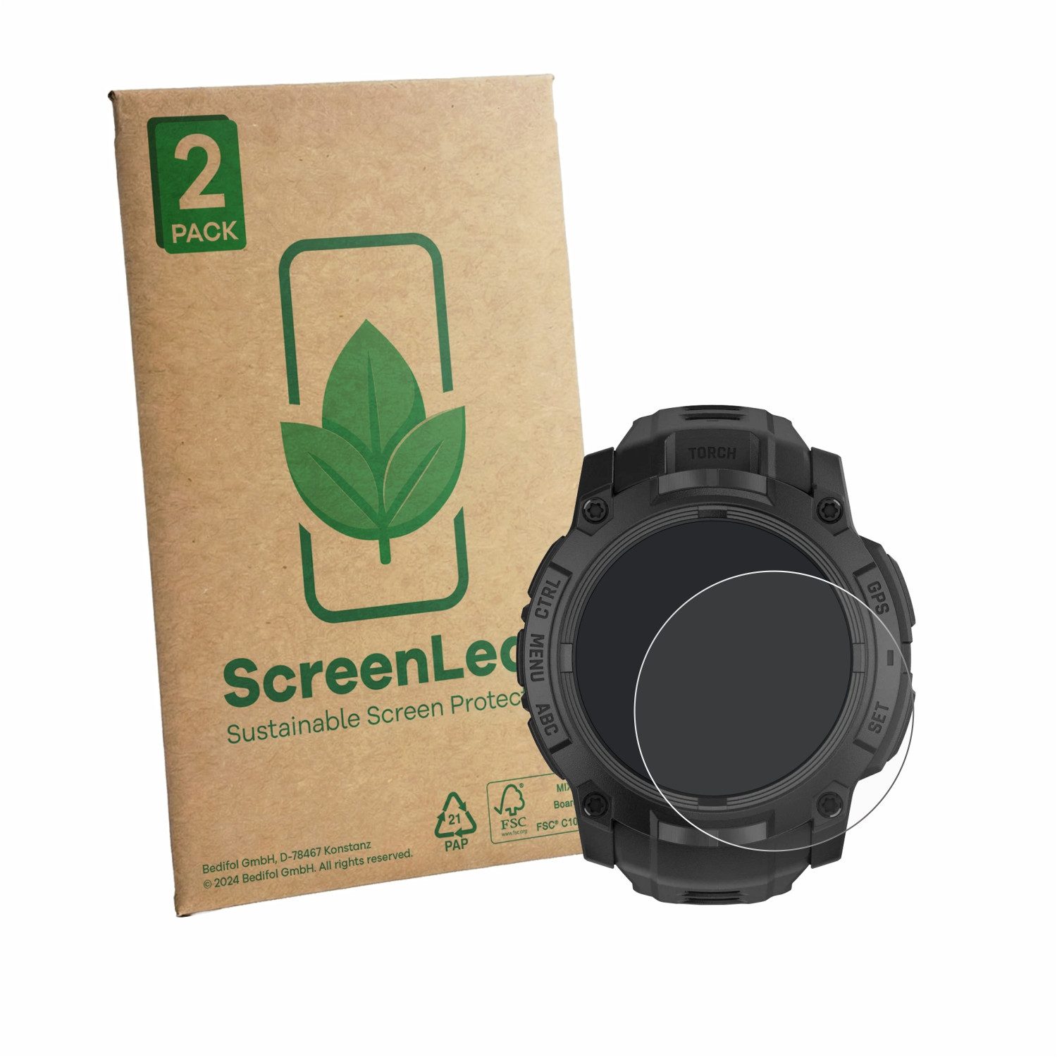 ScreenLeaf Displayschutzfolie Schutzfolie für Garmin Instinct 3 Tactical Edition (50 mm), 2 Stück, Displayschutz Schutz Folie Klar Transparent