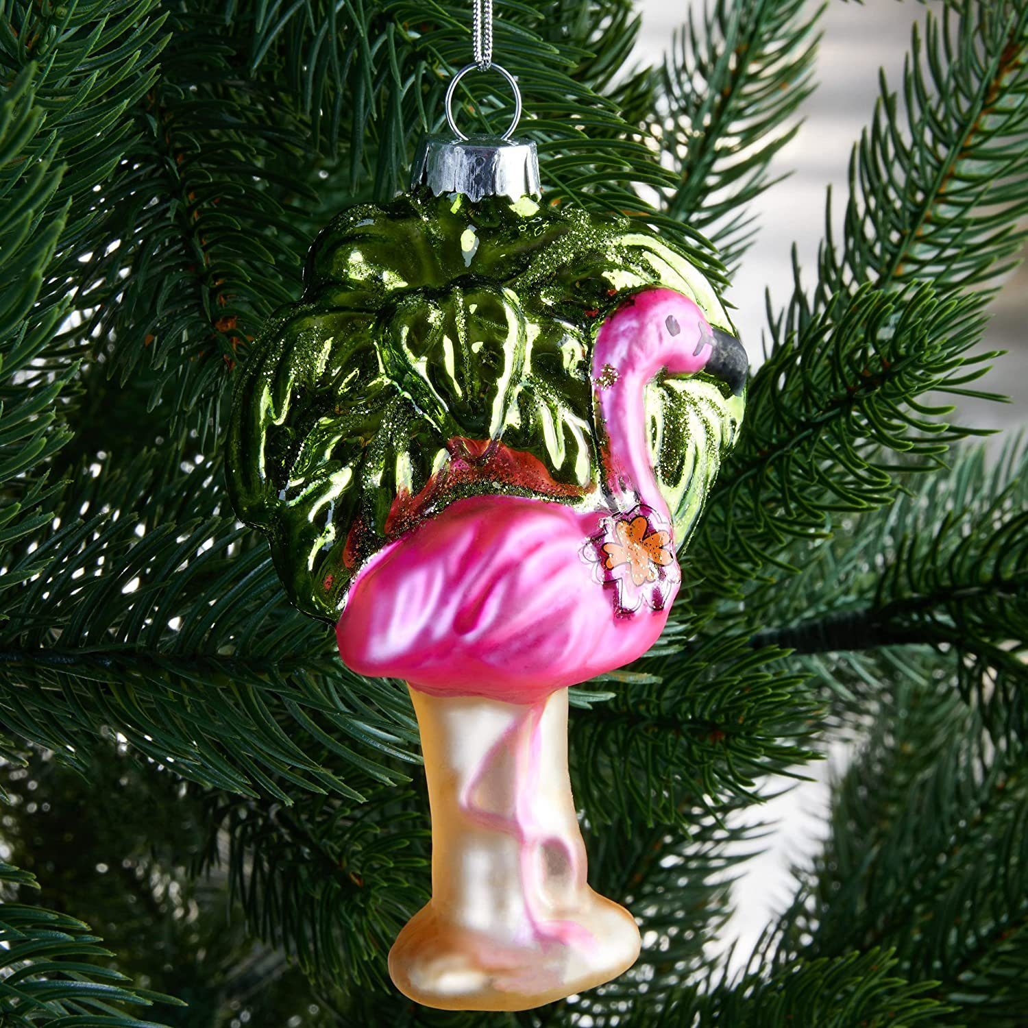 BRUBAKER Christbaumschmuck Flamingo Pink mit Palme Weihnachtskugel, Glas Ch günstig online kaufen
