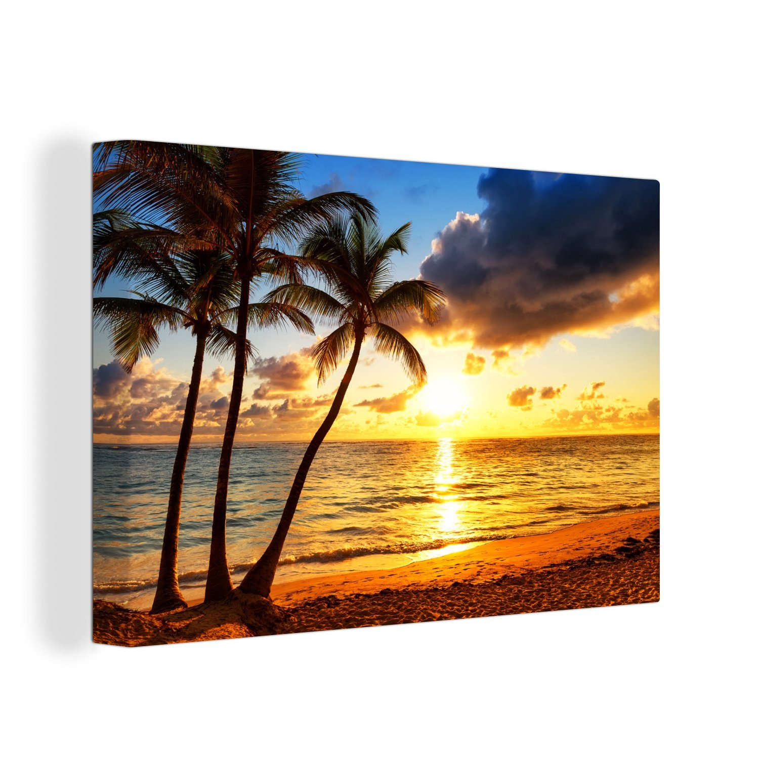 OneMillionCanvasses® Leinwandbild Strand - Horizont Wandbild - cm - - XXL, (1 Meer, Wohnbereiche, St), 120x80 großes, Palme alle Gemälde, für Sonnenuntergang