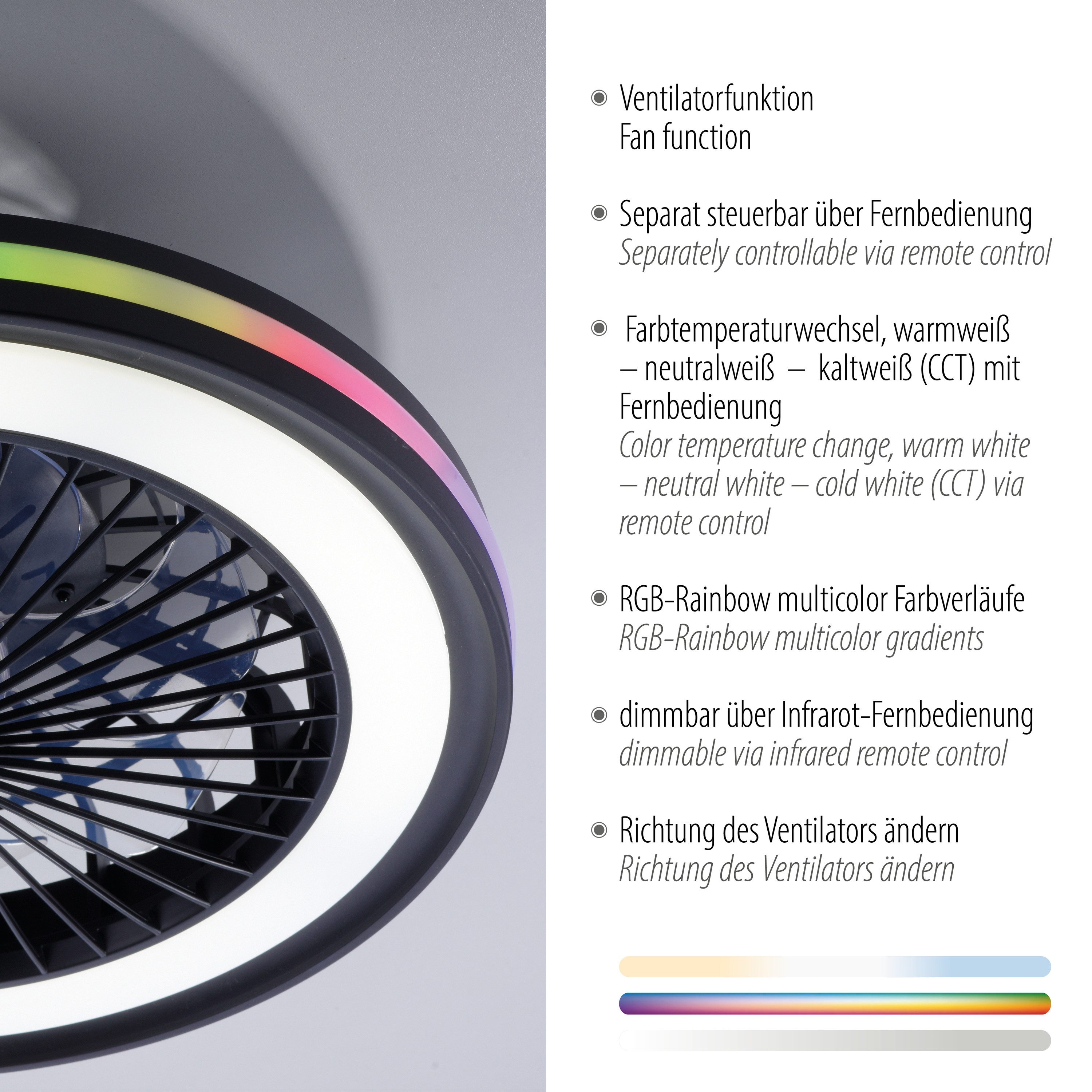 JUST LIGHT LED Deckenleuchte LED Deckenventilator BRANDON, Bedienbar Fernbedienung, 1 x LED-Board/ 36Watt, warmweiß, warmweiß - kaltweiß Deckenventilator Fernbedienung