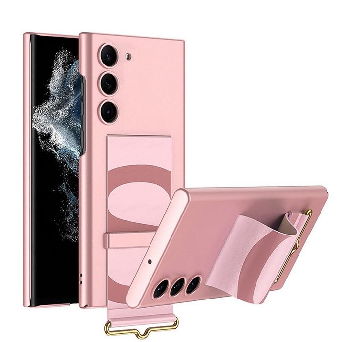 Wigento Handyhülle Für Samsung Galaxy S23 Plus Silikoncase TPU Schutz Pink mit Armbandhalter Handy Tasche Hülle Cover Etui Zubehör Neu