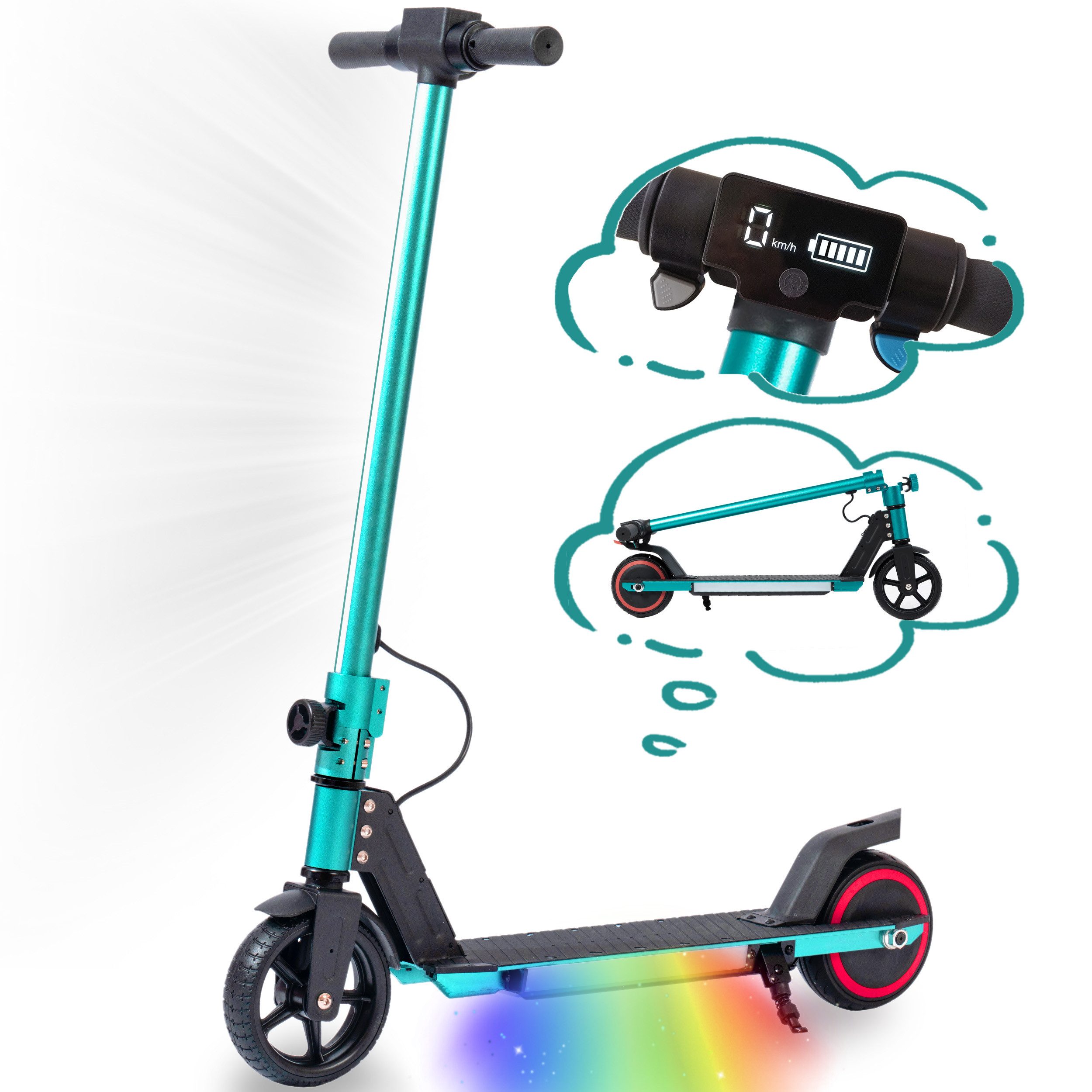 Vankel E-Scooter Kinder ab 6 Jahre, klappbar, 10km, Bunte Leuchten, Jungen und Mädchen, 150 W, 14 km/h, (für Jungen und Mädchen, max. 50kg, faltbar, Aluminiumrahmen), Elektro-Kinderroller, Lenksäulenlicht, mit Haken, EBS + Fußbremse